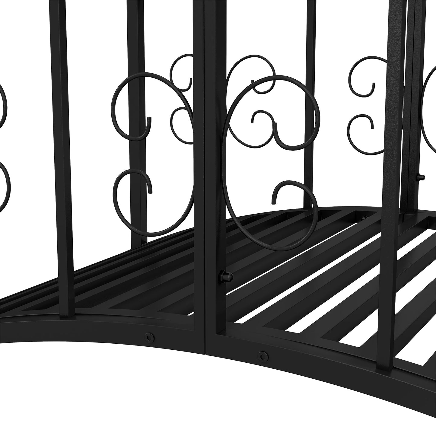1.2M Metal Garden Bridge with Safety Railings, Classic Retro Arc Footbridge with Scrollwork Pattern, Small Decorative Pond Bridge for Creeks Streams Borders, Black