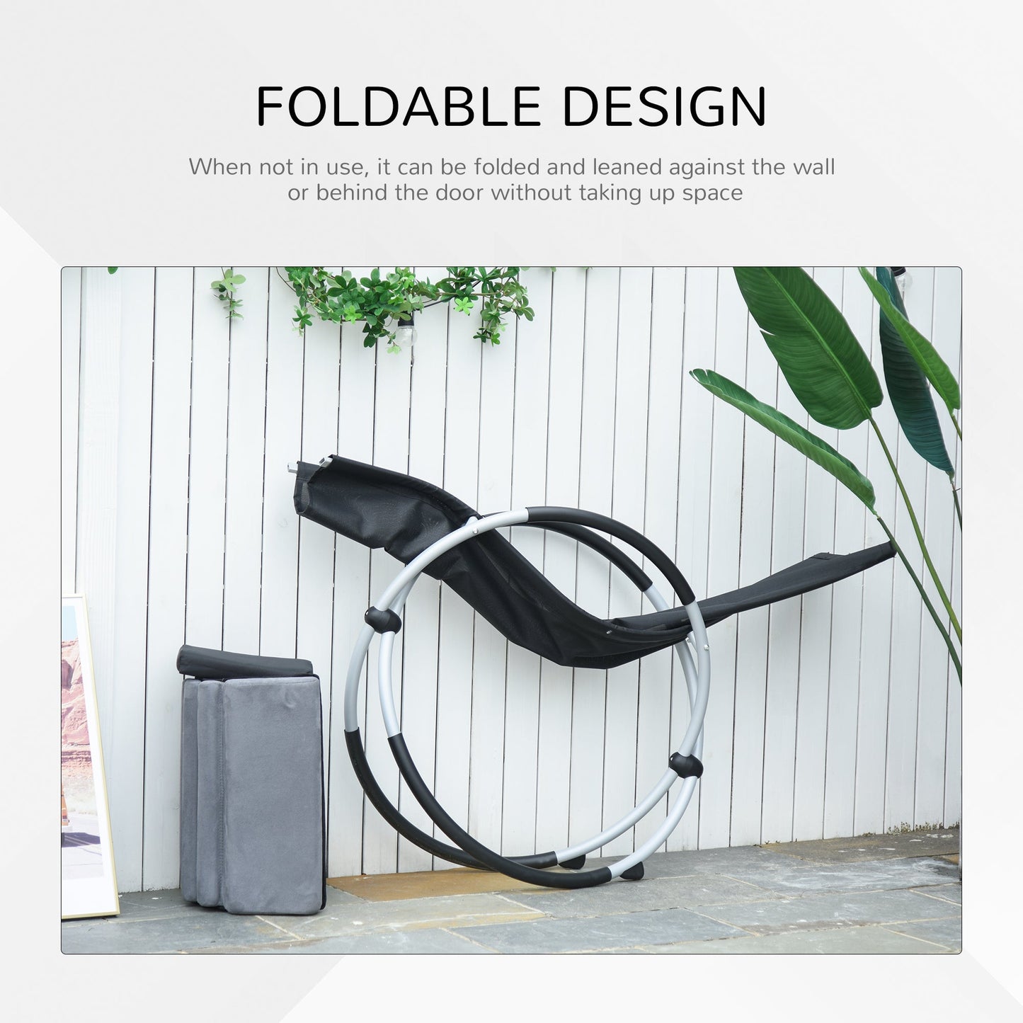 Metal Orbital Rocking Chair Folding Lounger Anti-drop with Padded Mat Removable Design 145x74x86cm Black Grey