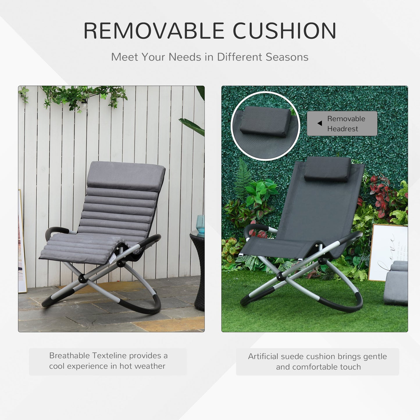 Metal Orbital Rocking Chair Folding Lounger Anti-drop with Padded Mat Removable Design 145x74x86cm Black Grey