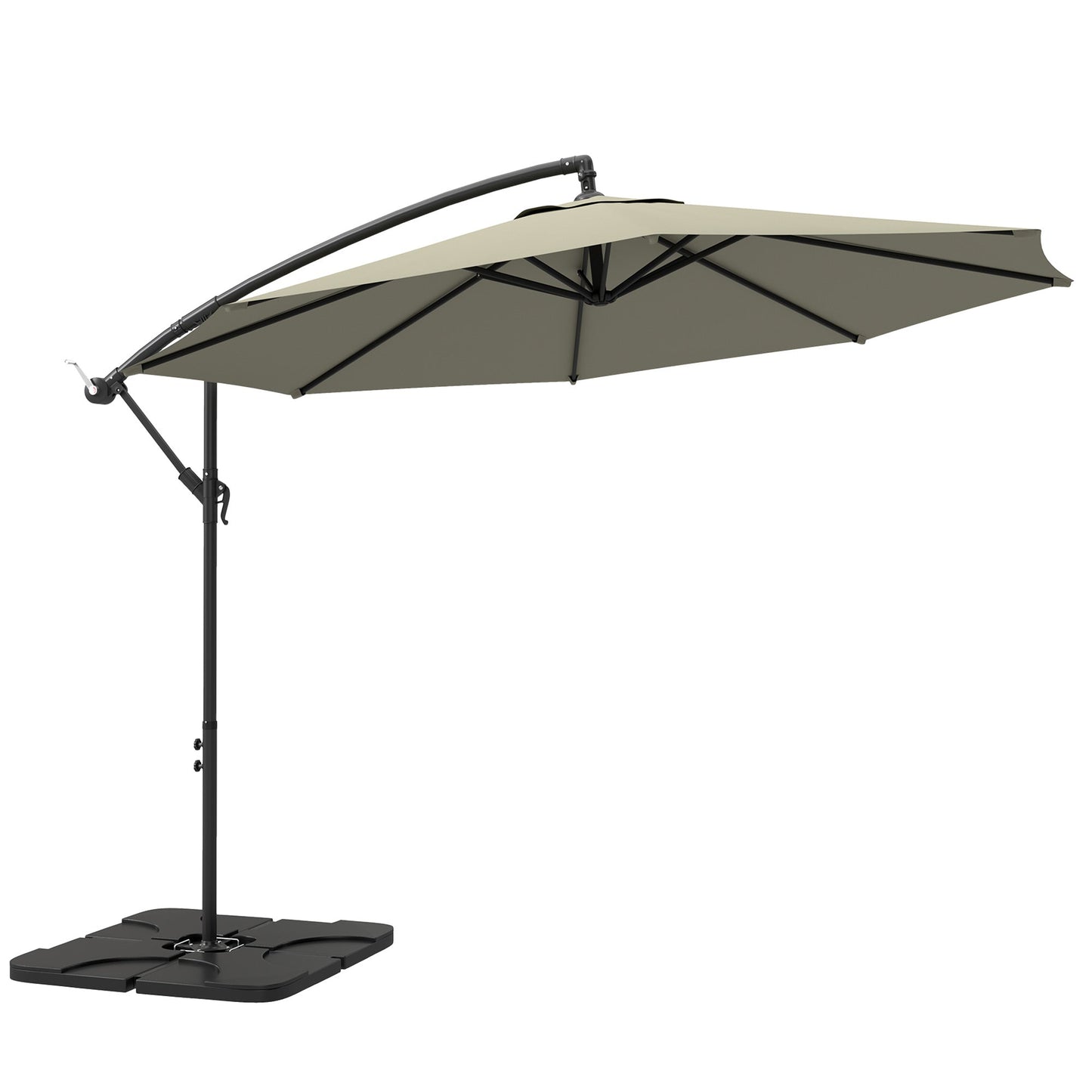 3(m) Garden Banana Parasol Cantilever Umbrella with Crank Handle, Cross Base, Weights and Cover for Outdoor, Hanging Sun Shade, Light Grey