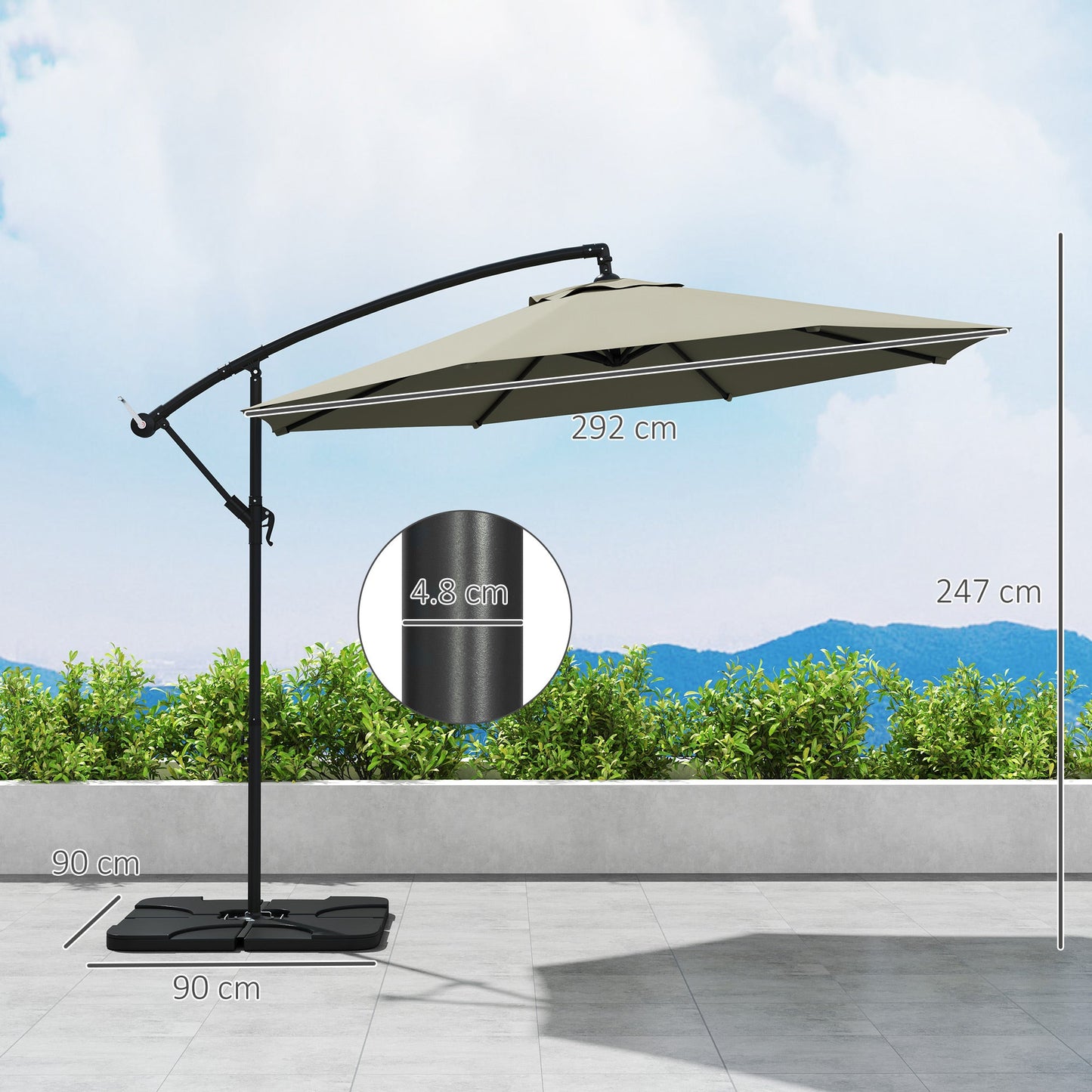 3(m) Garden Banana Parasol Cantilever Umbrella with Crank Handle, Cross Base, Weights and Cover for Outdoor, Hanging Sun Shade, Light Grey