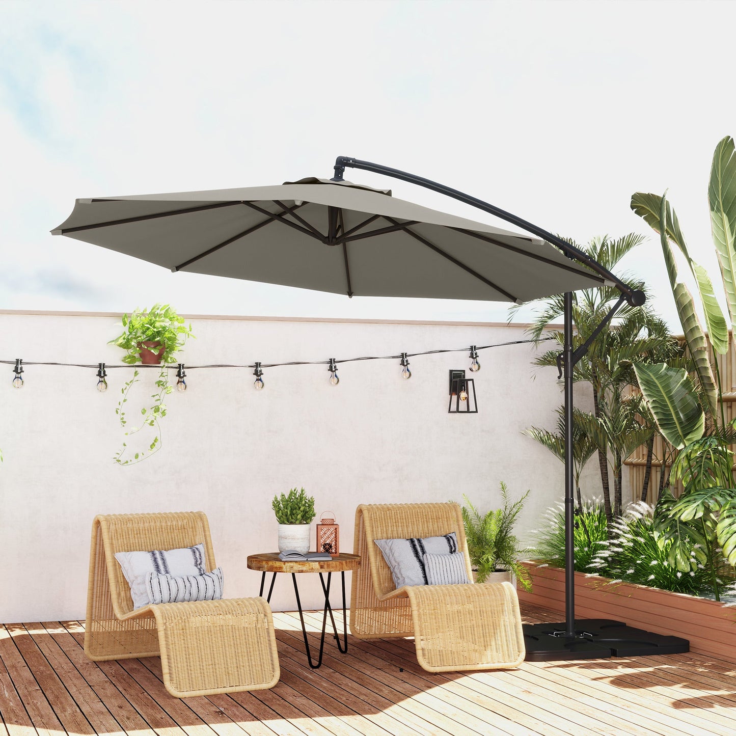 3(m) Garden Banana Parasol Cantilever Umbrella with Crank Handle, Cross Base, Weights and Cover for Outdoor, Hanging Sun Shade, Light Grey