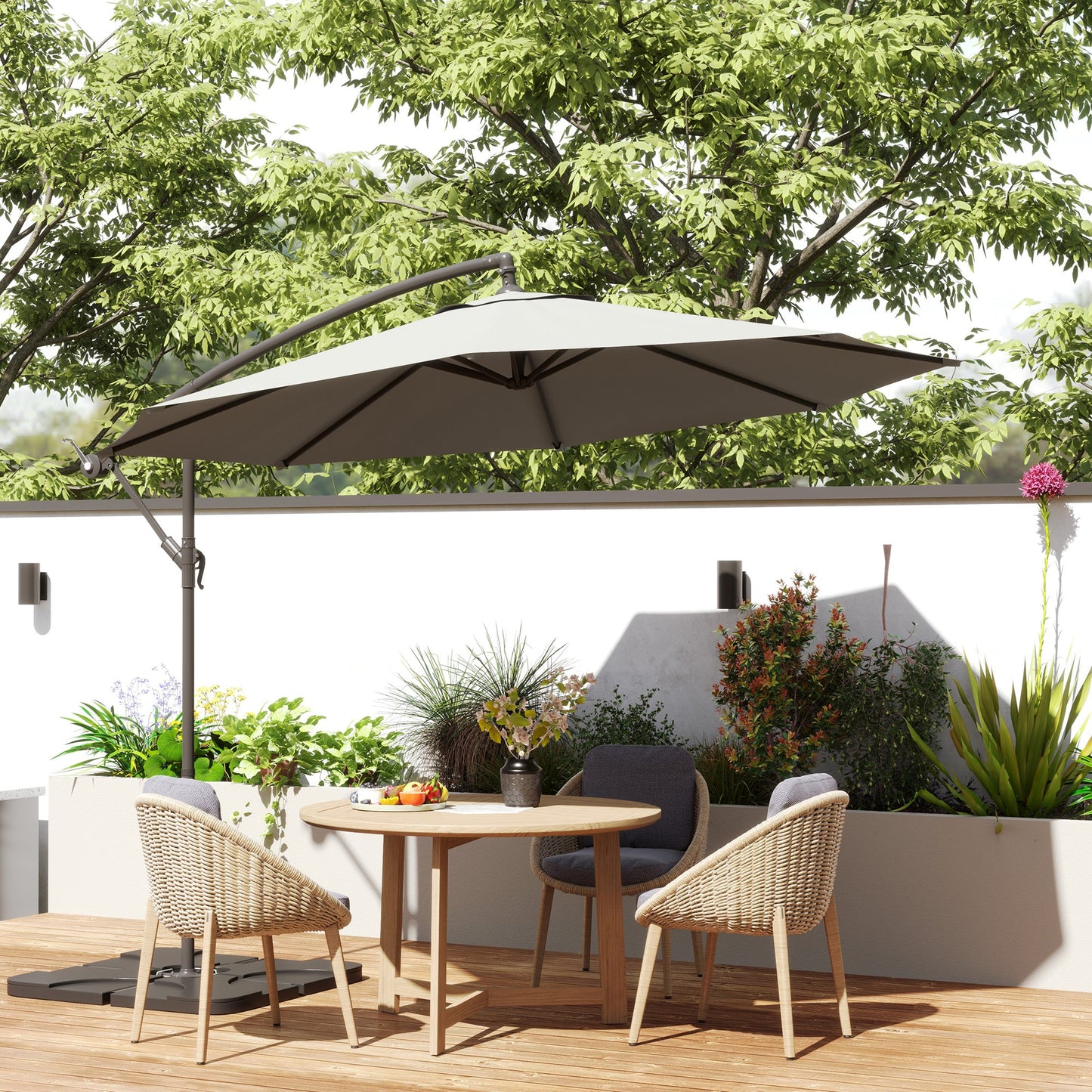 3(m) Garden Banana Parasol Cantilever Umbrella with Crank Handle, Cross Base, Weights and Cover for Outdoor, Hanging Sun Shade, Light Grey