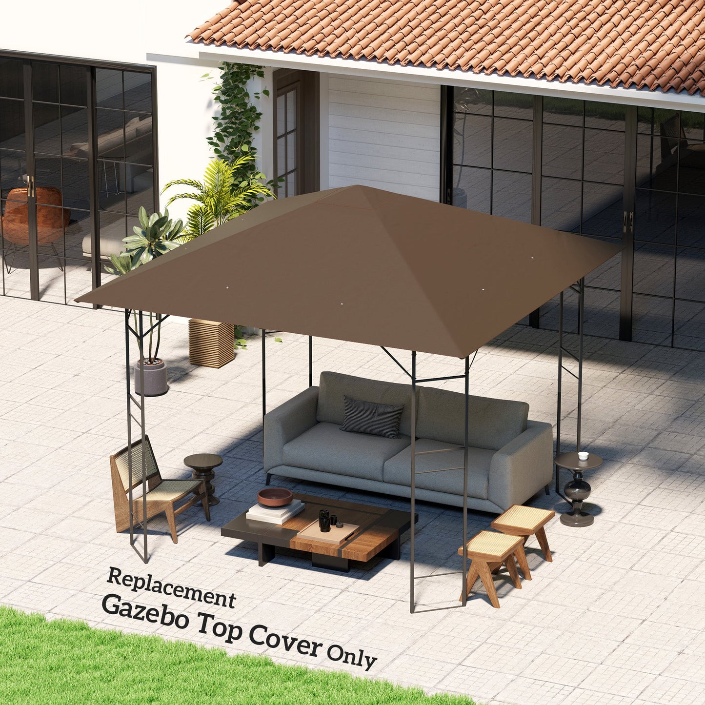 3 x 3(m) Gazebo Canopy Replacement Cover, Garden Gazebo Roof Replacement with Drain Holes, Water-resistant Plastic Coating, 370g/㎡, UPF30+, TOP COVER ONLY, Brown