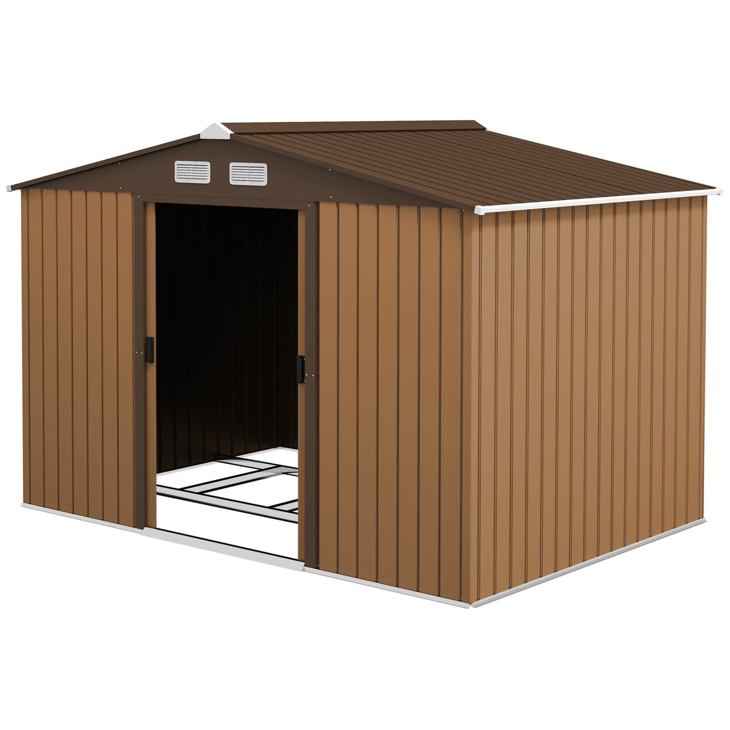 9 x 6ft Metal Garden Shed, Outdoor Storage Tool House with Ventilation Slots, Foundation Kit and Lockable Double Doors, Light Brown