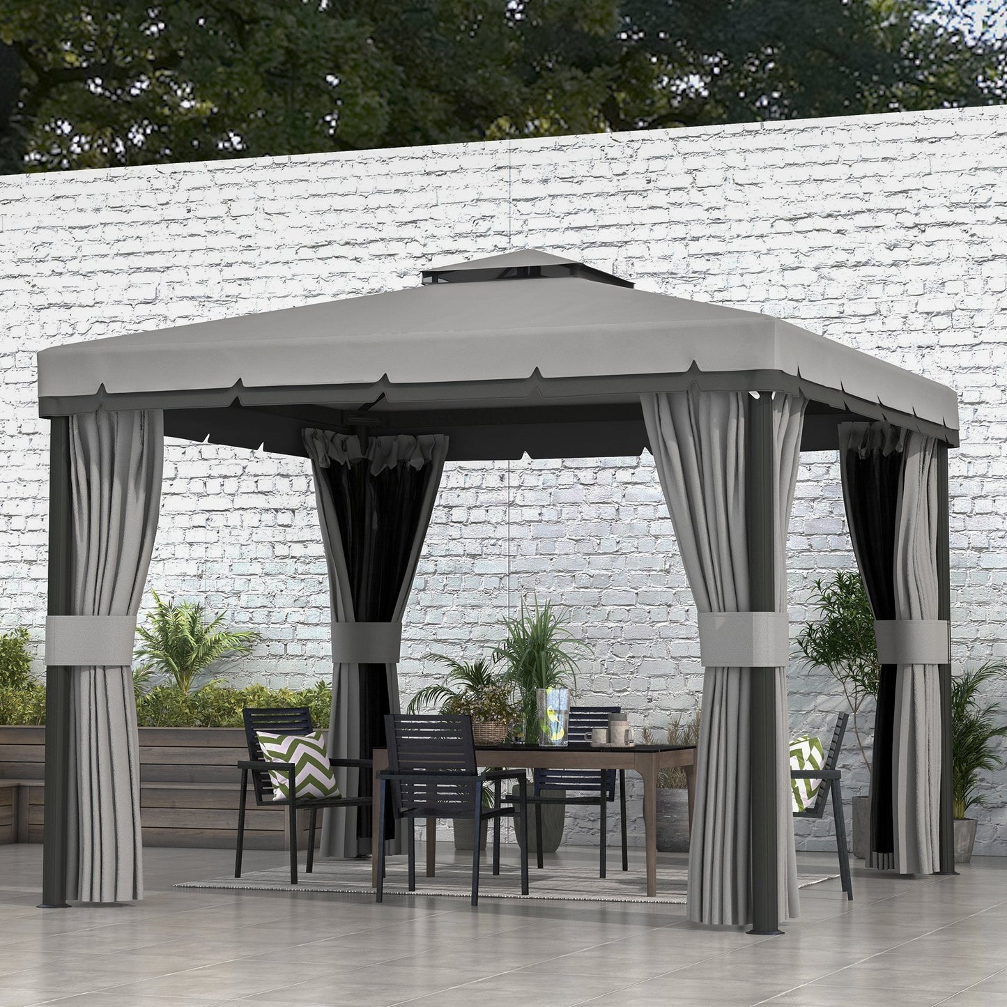3 x 3(m) Patio Gazebo Canopy Garden Pavilion Tent Shelter Marquee with 2 Tier Water Repellent Roof, Mosquito Netting and Curtains, Aluminium Frame, Light Grey