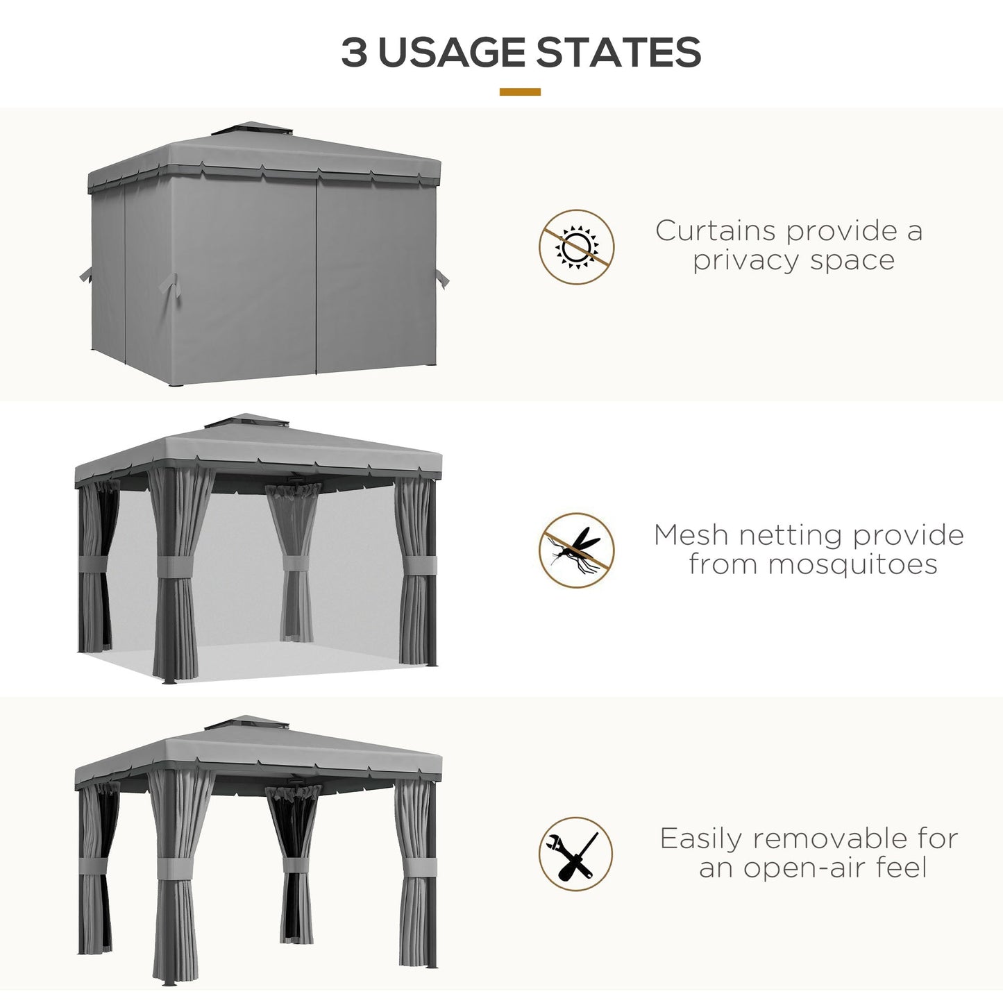 3 x 3(m) Patio Gazebo Canopy Garden Pavilion Tent Shelter Marquee with 2 Tier Water Repellent Roof, Mosquito Netting and Curtains, Aluminium Frame, Light Grey