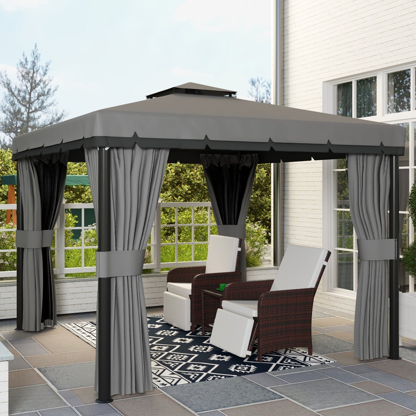 3 x 3(m) Patio Gazebo Canopy Garden Pavilion Tent Shelter Marquee with 2 Tier Water Repellent Roof, Mosquito Netting and Curtains, Aluminium Frame, Light Grey