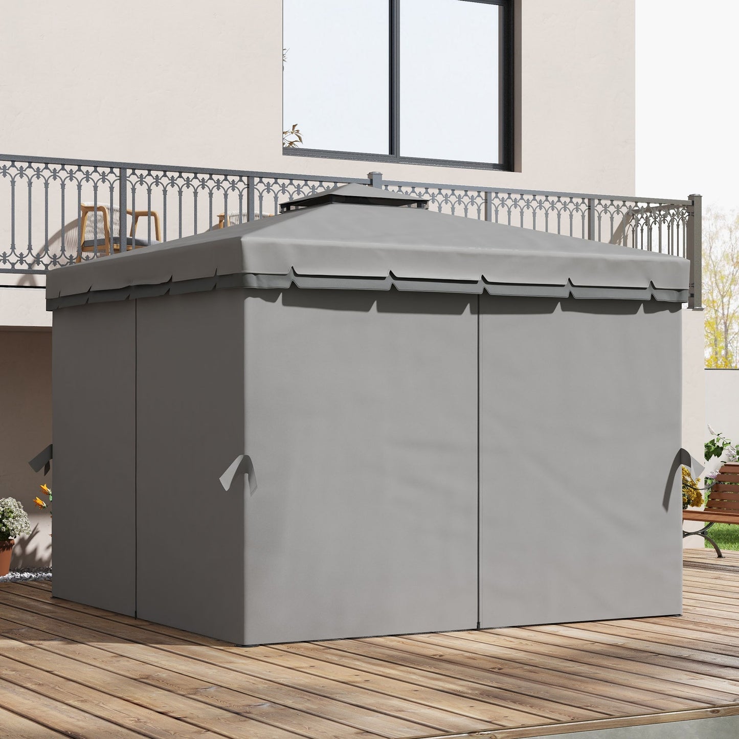 3 x 3(m) Patio Gazebo Canopy Garden Pavilion Tent Shelter Marquee with 2 Tier Water Repellent Roof, Mosquito Netting and Curtains, Aluminium Frame, Light Grey