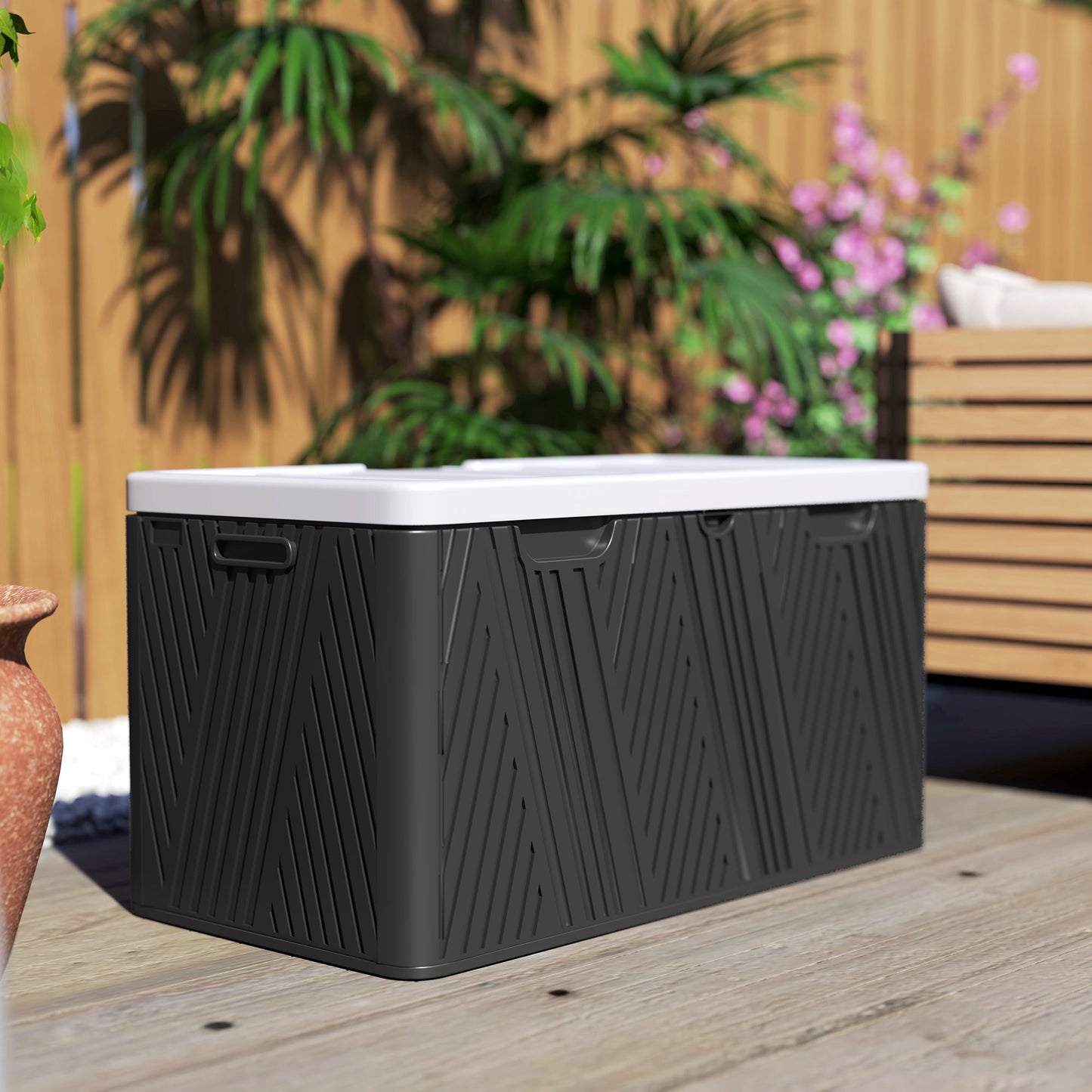 380L Garden Storage Box Outdoor Storage Box Waterproof with Lockable Lid and Moulded Handles, Double-Layer Wood Effect HDPE Deck Box, 115 x 60 x 60 cm