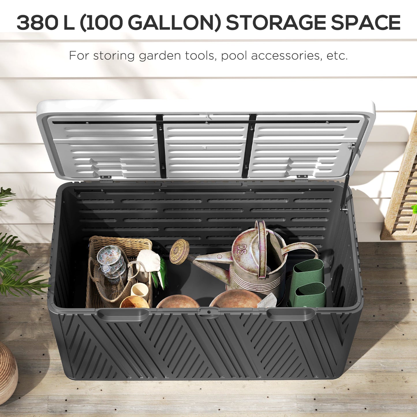 380L Garden Storage Box Outdoor Storage Box Waterproof with Lockable Lid and Moulded Handles, Double-Layer Wood Effect HDPE Deck Box, 115 x 60 x 60 cm