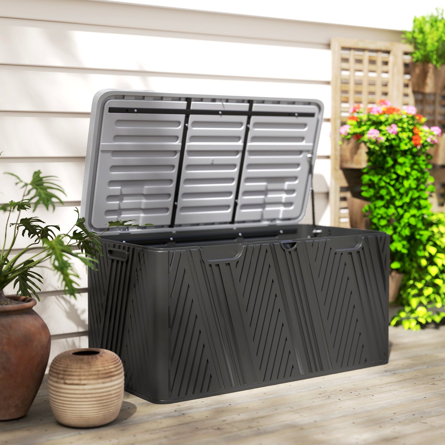380L Garden Storage Box Outdoor Storage Box Waterproof with Lockable Lid and Moulded Handles, Double-Layer Wood Effect HDPE Deck Box, 115 x 60 x 60 cm