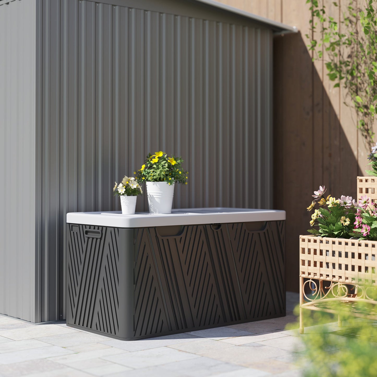 380L Garden Storage Box Outdoor Storage Box Waterproof with Lockable Lid and Moulded Handles, Double-Layer Wood Effect HDPE Deck Box, 115 x 60 x 60 cm