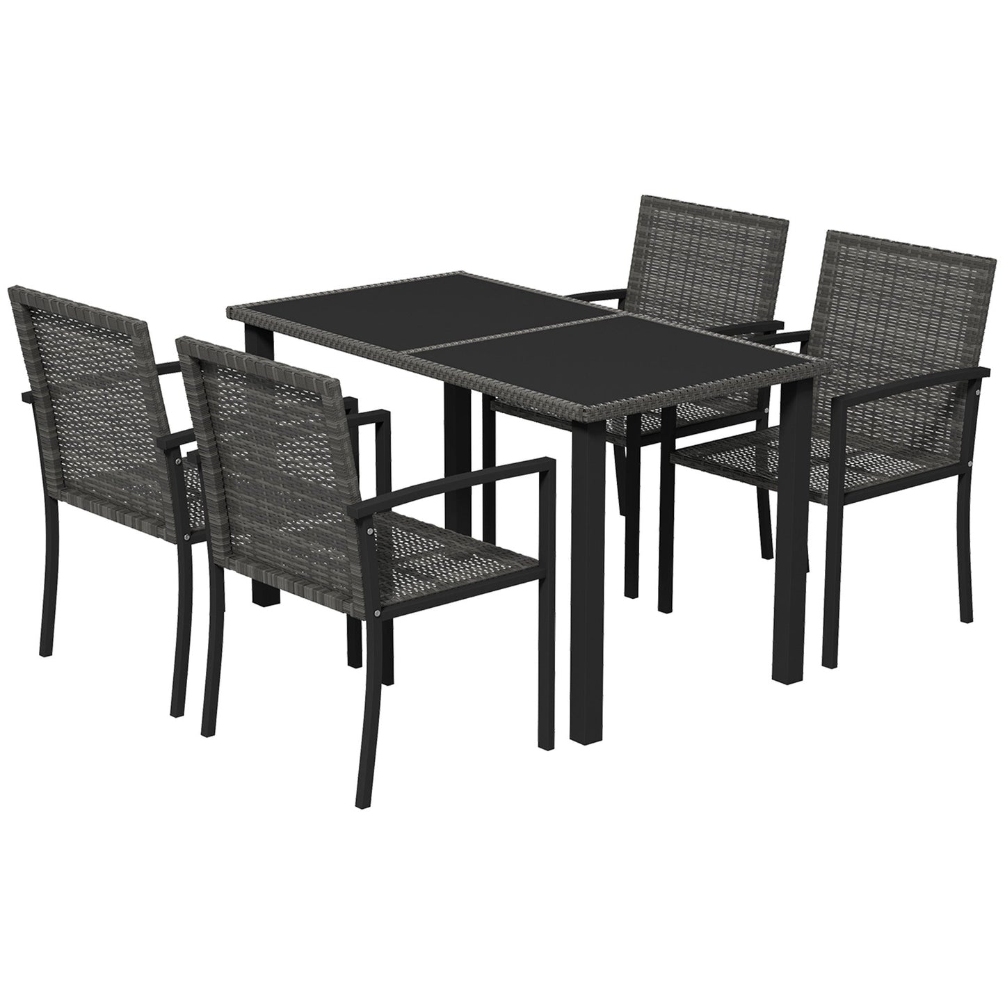 4 Seater Rattan Dining Set with Rectangular Glass Top Table and 4 Armchairs, PE Rattan Garden Furniture Set, Outdoor Dining Table and Chairs for Patio, Balcony, Lawn, Grey