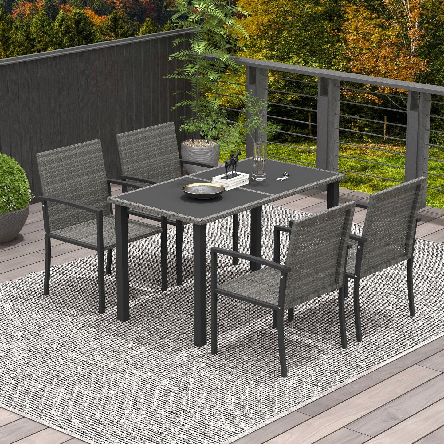 4 Seater Rattan Dining Set with Rectangular Glass Top Table and 4 Armchairs, PE Rattan Garden Furniture Set, Outdoor Dining Table and Chairs for Patio, Balcony, Lawn, Grey