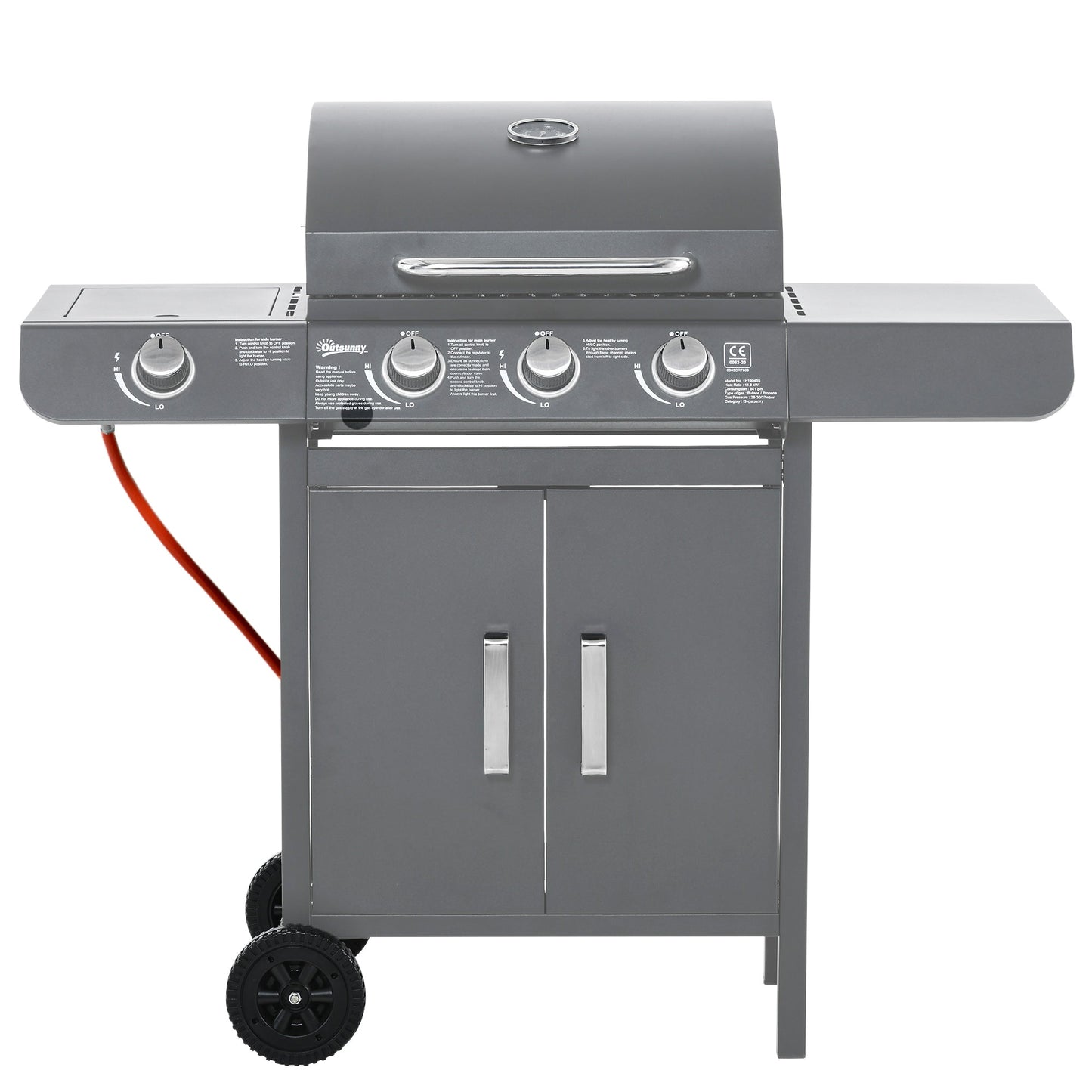 3+1 Burner Gas BBQ Grill, Outdoor Barbecue Trolley with Wheels, Warming Rack, Side Shelves, Cabinet, Thermometer for Garden, Party, Camping, 110L x 50W x 100Hcm, Grey