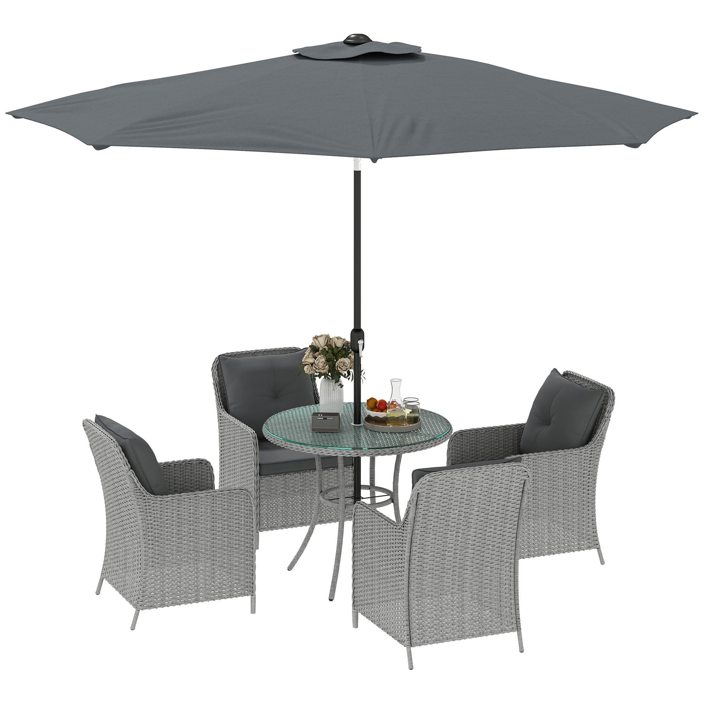4 Seater Rattan Dining Set with Parasol, Luxury Rattan Garden Furniture Set with Seat and Back Cushions, Outdoor Table and Chairs, Round Glass Top Table, Light Grey