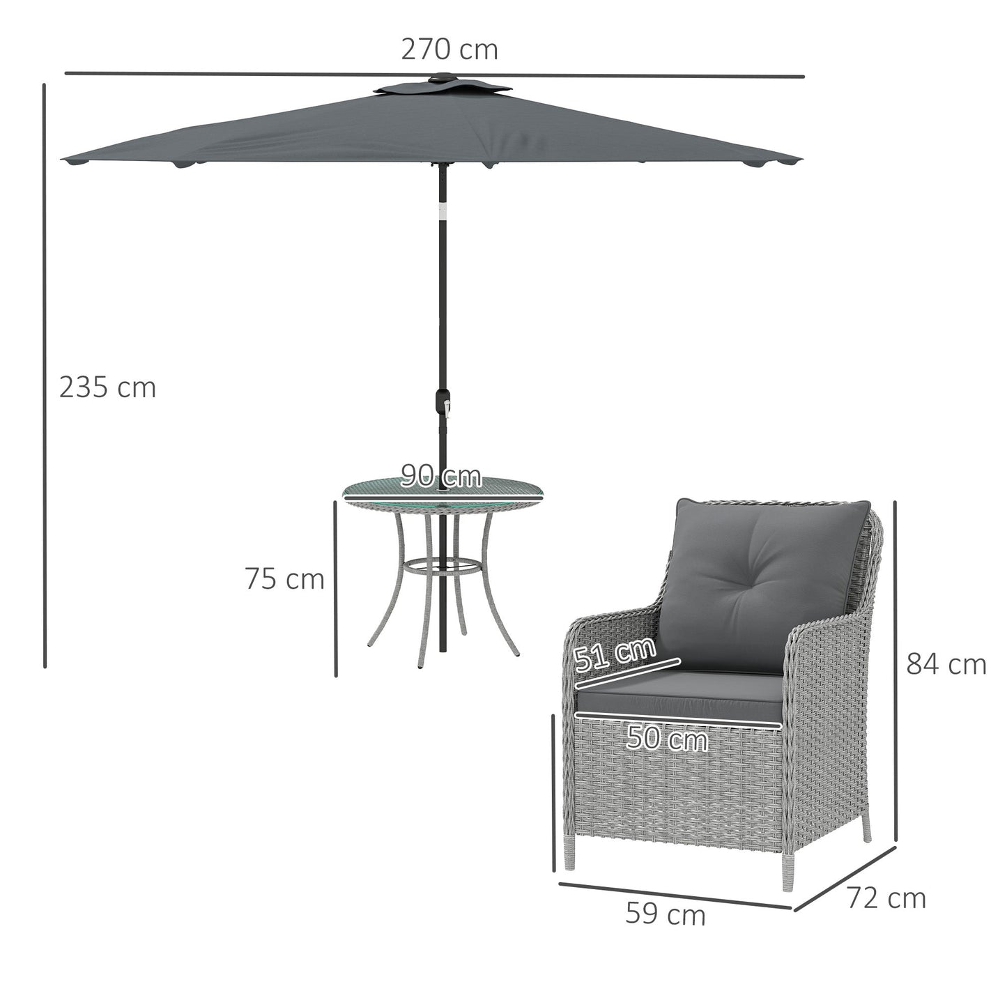 4 Seater Rattan Dining Set with Parasol, Luxury Rattan Garden Furniture Set with Seat and Back Cushions, Outdoor Table and Chairs, Round Glass Top Table, Light Grey