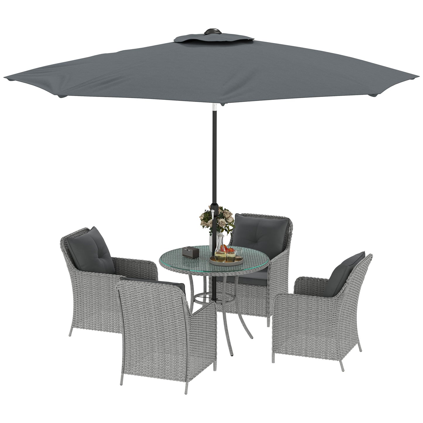 4 Seater Rattan Dining Set with Parasol, Luxury Rattan Garden Furniture Set with Seat and Back Cushions, Outdoor Table and Chairs, Round Glass Top Table, Light Grey