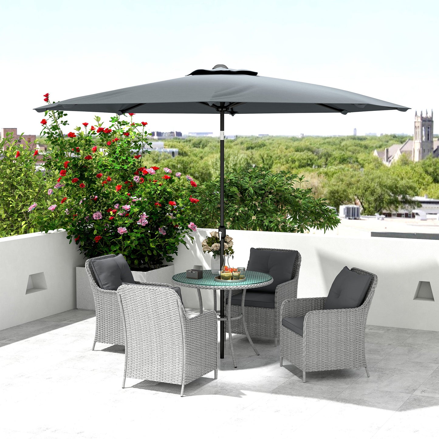 4 Seater Rattan Dining Set with Parasol, Luxury Rattan Garden Furniture Set with Seat and Back Cushions, Outdoor Table and Chairs, Round Glass Top Table, Light Grey