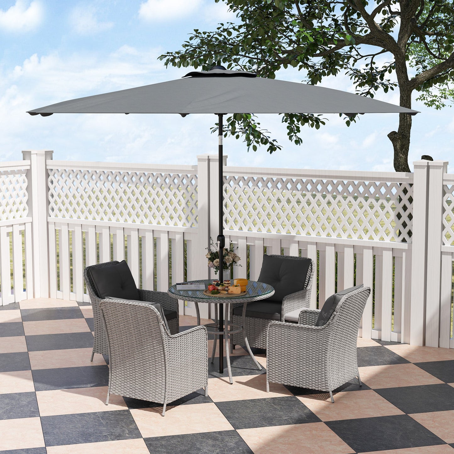 4 Seater Rattan Dining Set with Parasol, Luxury Rattan Garden Furniture Set with Seat and Back Cushions, Outdoor Table and Chairs, Round Glass Top Table, Light Grey