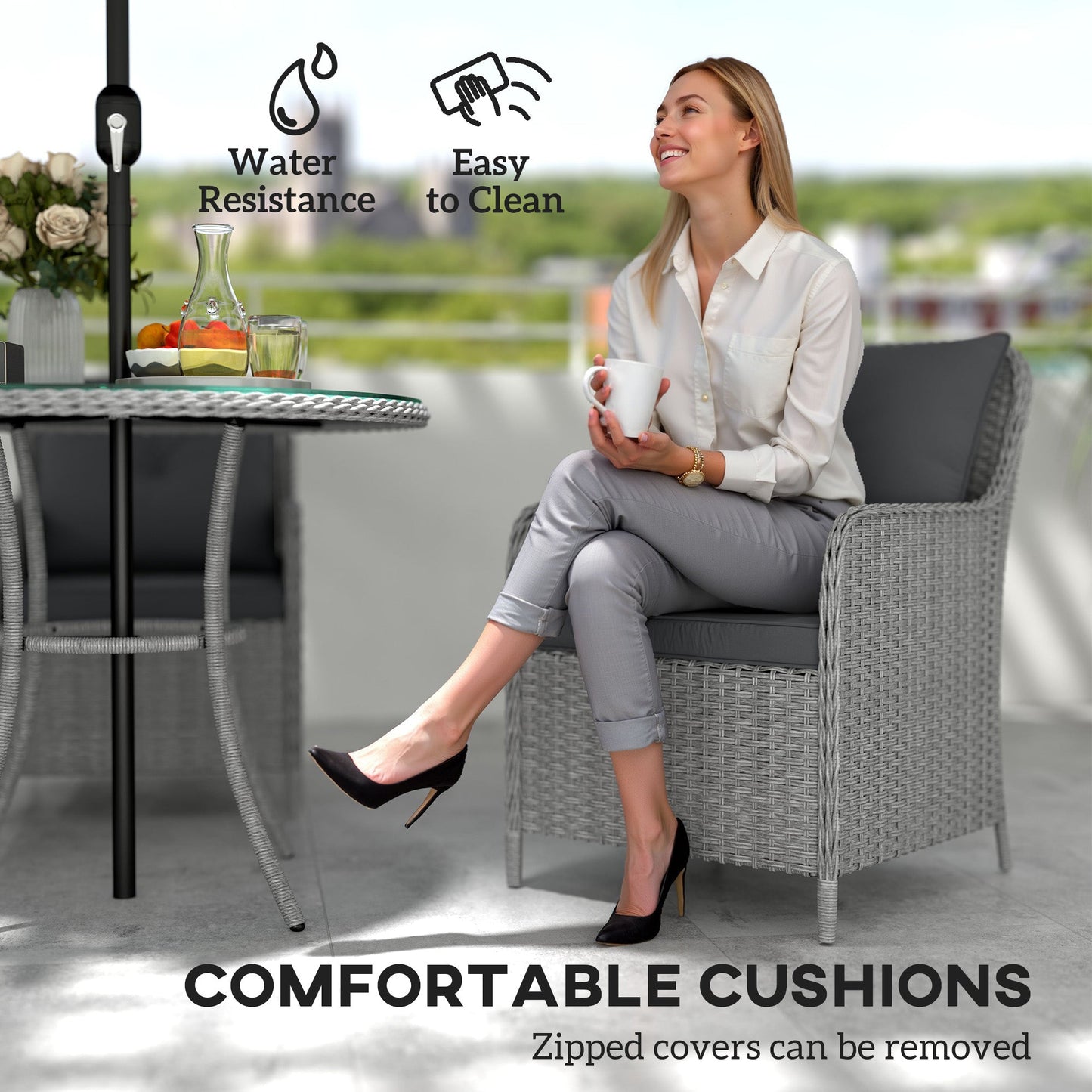4 Seater Rattan Dining Set with Parasol, Luxury Rattan Garden Furniture Set with Seat and Back Cushions, Outdoor Table and Chairs, Round Glass Top Table, Light Grey