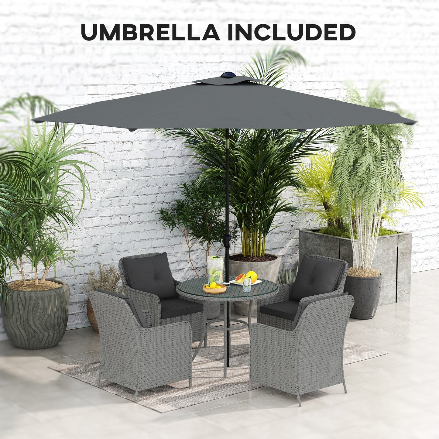 4 Seater Rattan Dining Set with Parasol, Luxury Rattan Garden Furniture Set with Seat and Back Cushions, Outdoor Table and Chairs, Round Glass Top Table, Light Grey