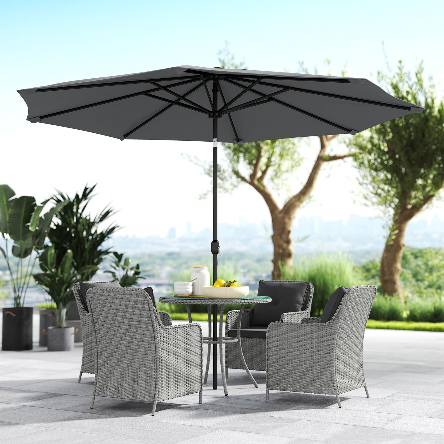 4 Seater Rattan Dining Set with Parasol, Luxury Rattan Garden Furniture Set with Seat and Back Cushions, Outdoor Table and Chairs, Round Glass Top Table, Light Grey