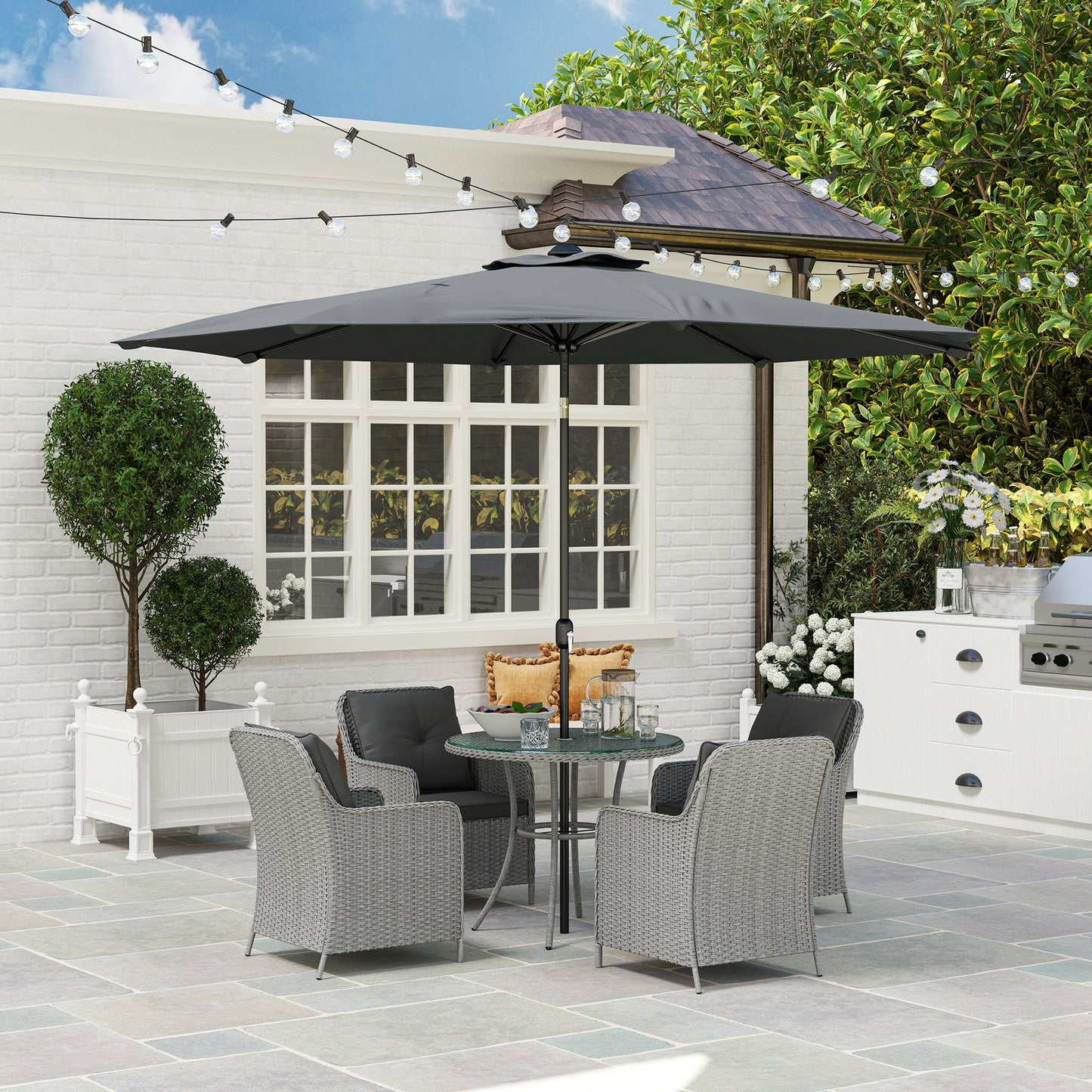 4 Seater Rattan Dining Set with Parasol, Luxury Rattan Garden Furniture Set with Seat and Back Cushions, Outdoor Table and Chairs, Round Glass Top Table, Light Grey