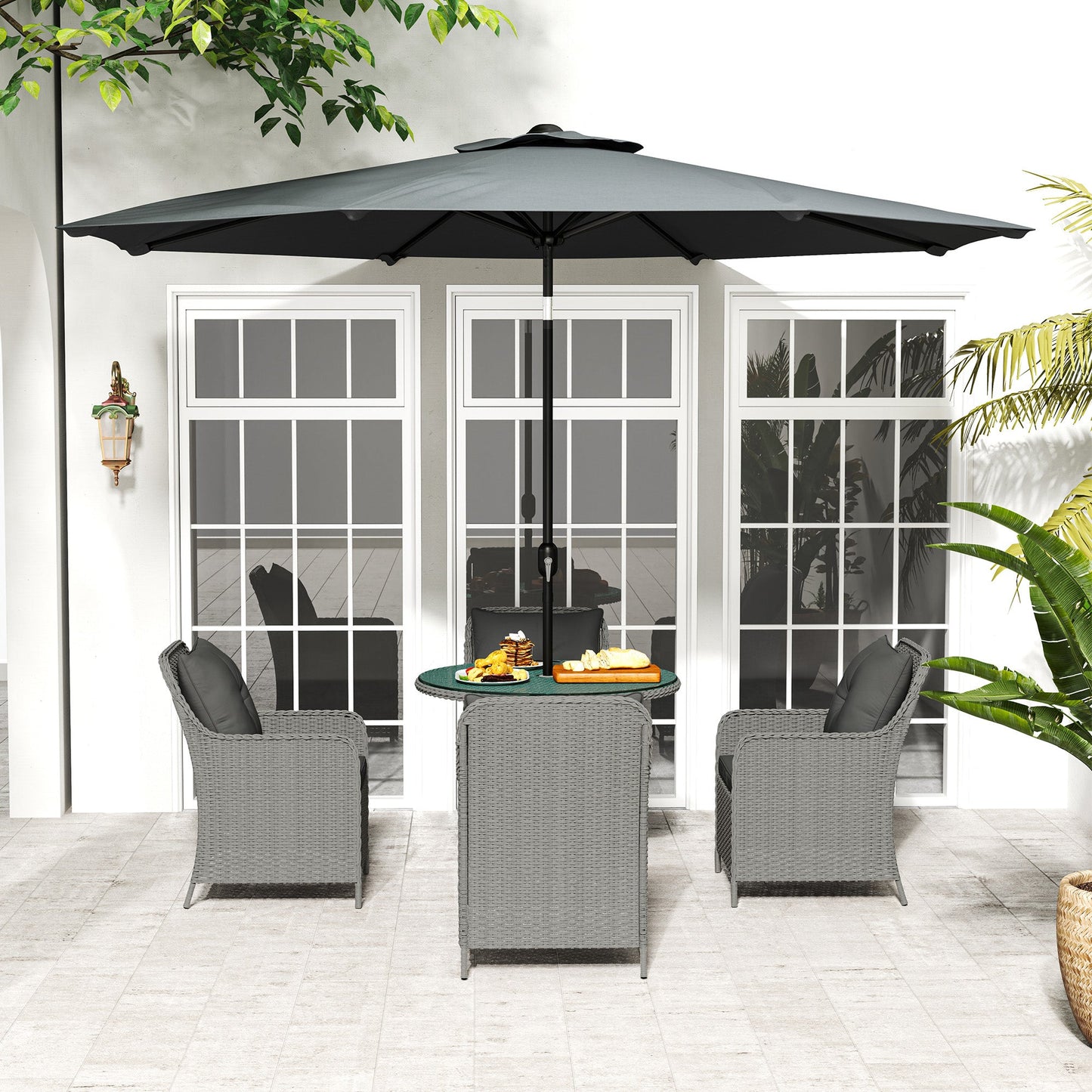 4 Seater Rattan Dining Set with Parasol, Luxury Rattan Garden Furniture Set with Seat and Back Cushions, Outdoor Table and Chairs, Round Glass Top Table, Light Grey