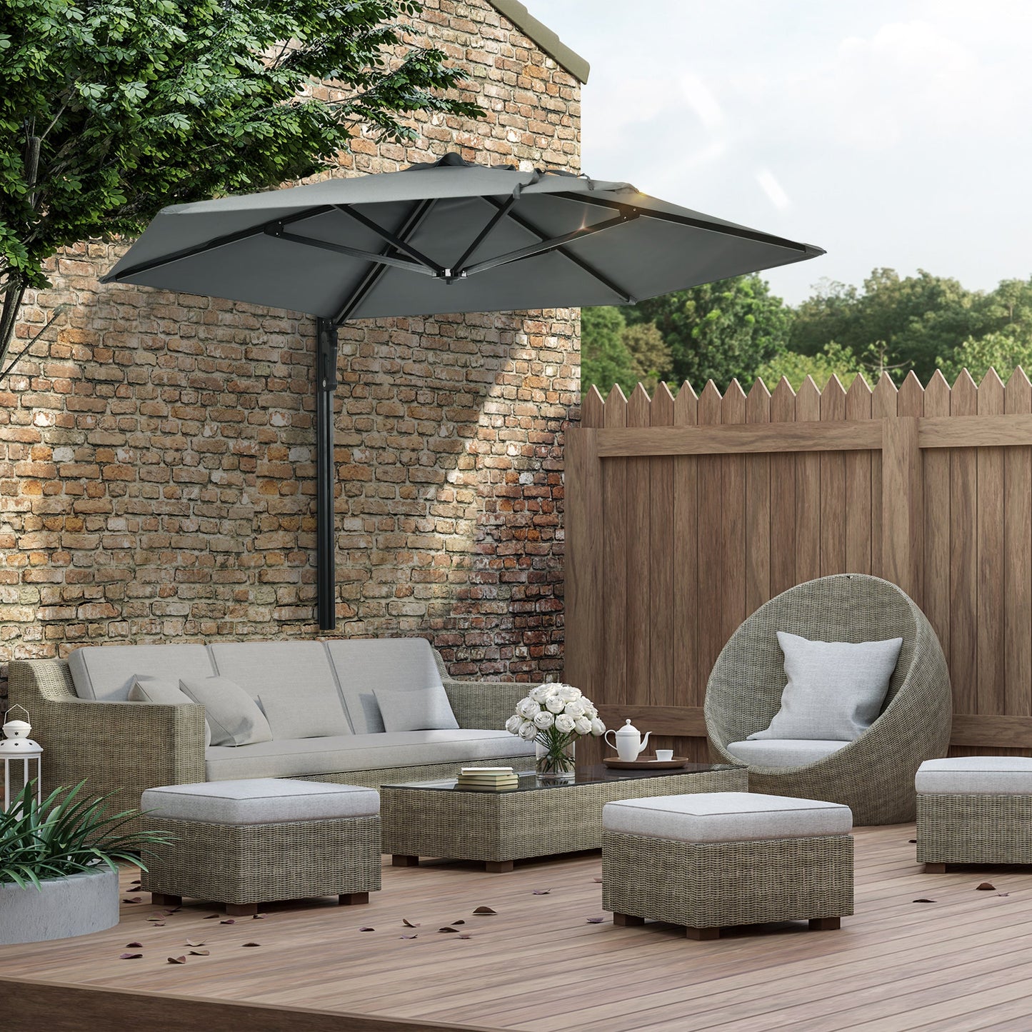 2.5m Wall Mounted Parasol, Hand to Push Outdoor Patio Umbrella with 180 Degree Rotatable Canopy for Porch, Deck, Garden, 250 cm, Grey