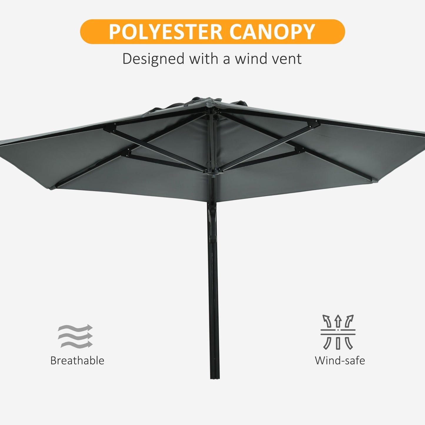 2.5m Wall Mounted Parasol, Hand to Push Outdoor Patio Umbrella with 180 Degree Rotatable Canopy for Porch, Deck, Garden, 250 cm, Grey