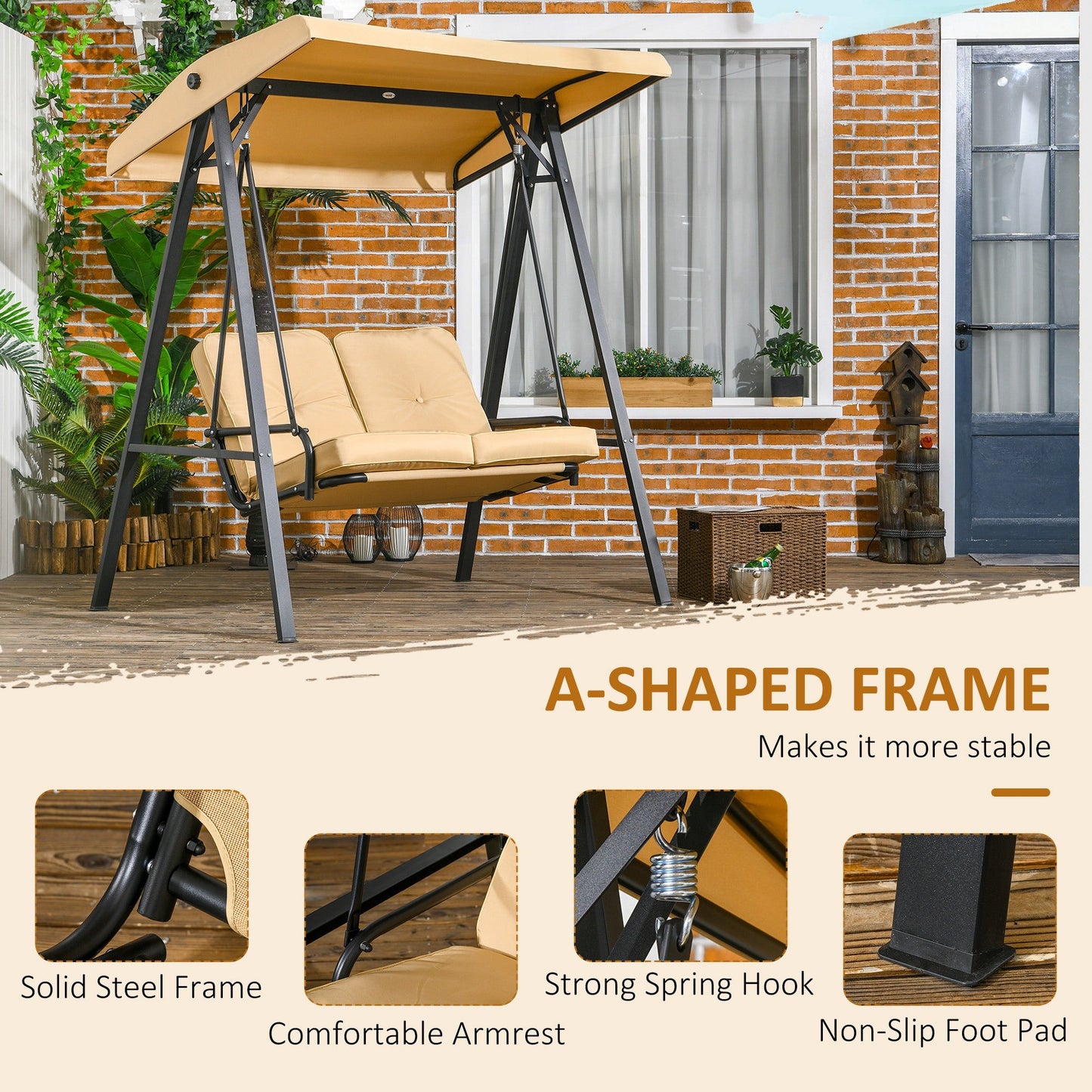 2 Seater Garden Swing Chair with Adjustable Tilting Canopy, Outdoor Hammock Bench with Steel Frame for Patio, Beige