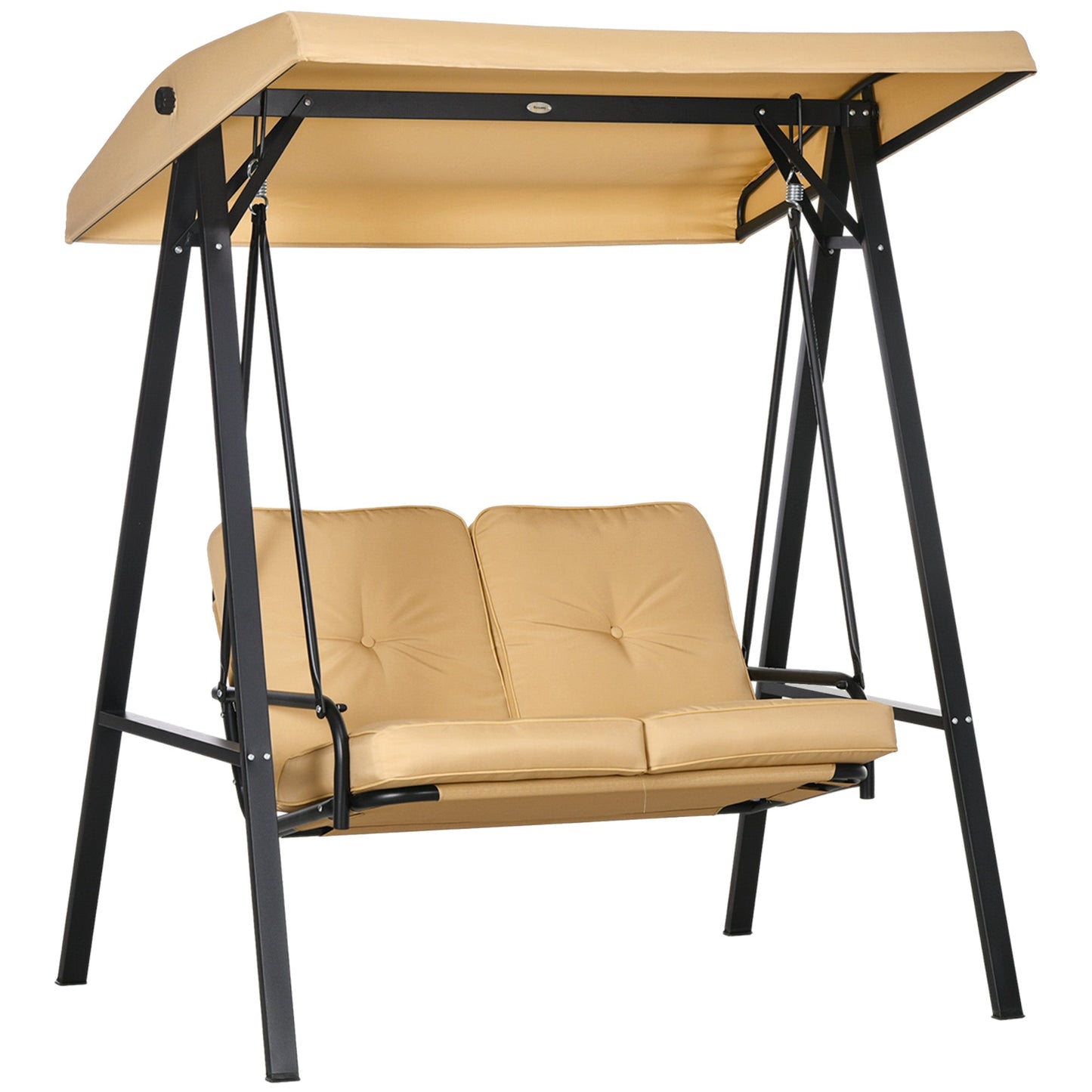 2 Seater Garden Swing Chair with Adjustable Tilting Canopy, Outdoor Hammock Bench with Steel Frame for Patio, Beige