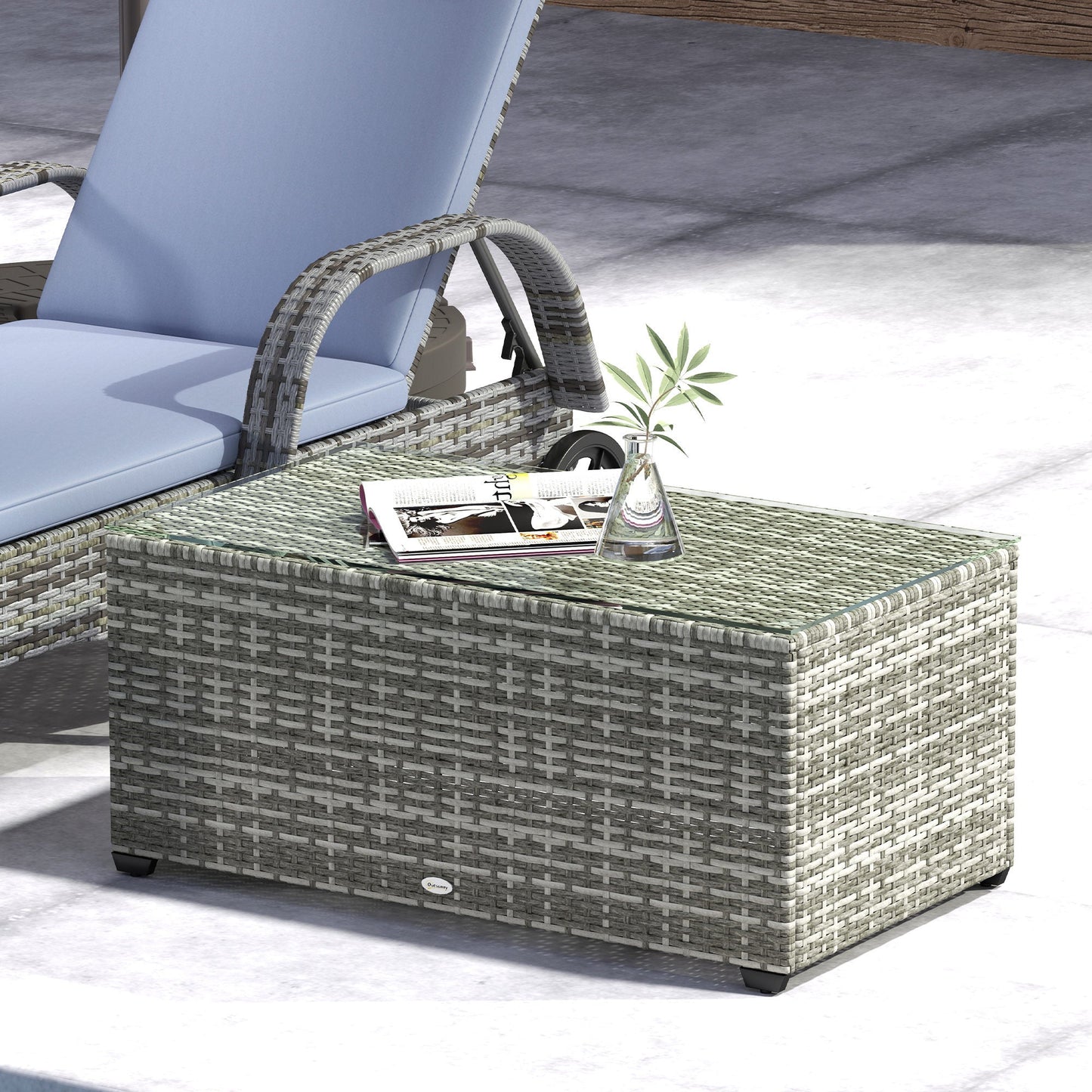 Outdoor Coffee Table, PE Rattan Side Table with Tempered Glass Top, Wicker Rectangular Garden Coffee Table End Table with Steel Frame for Patio, Balcony, 90 x 50 x 38cm, Light Grey