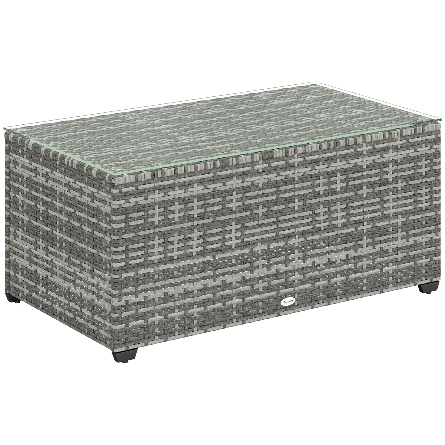 Outdoor Coffee Table, PE Rattan Side Table with Tempered Glass Top, Wicker Rectangular Garden Coffee Table End Table with Steel Frame for Patio, Balcony, 90 x 50 x 38cm, Light Grey