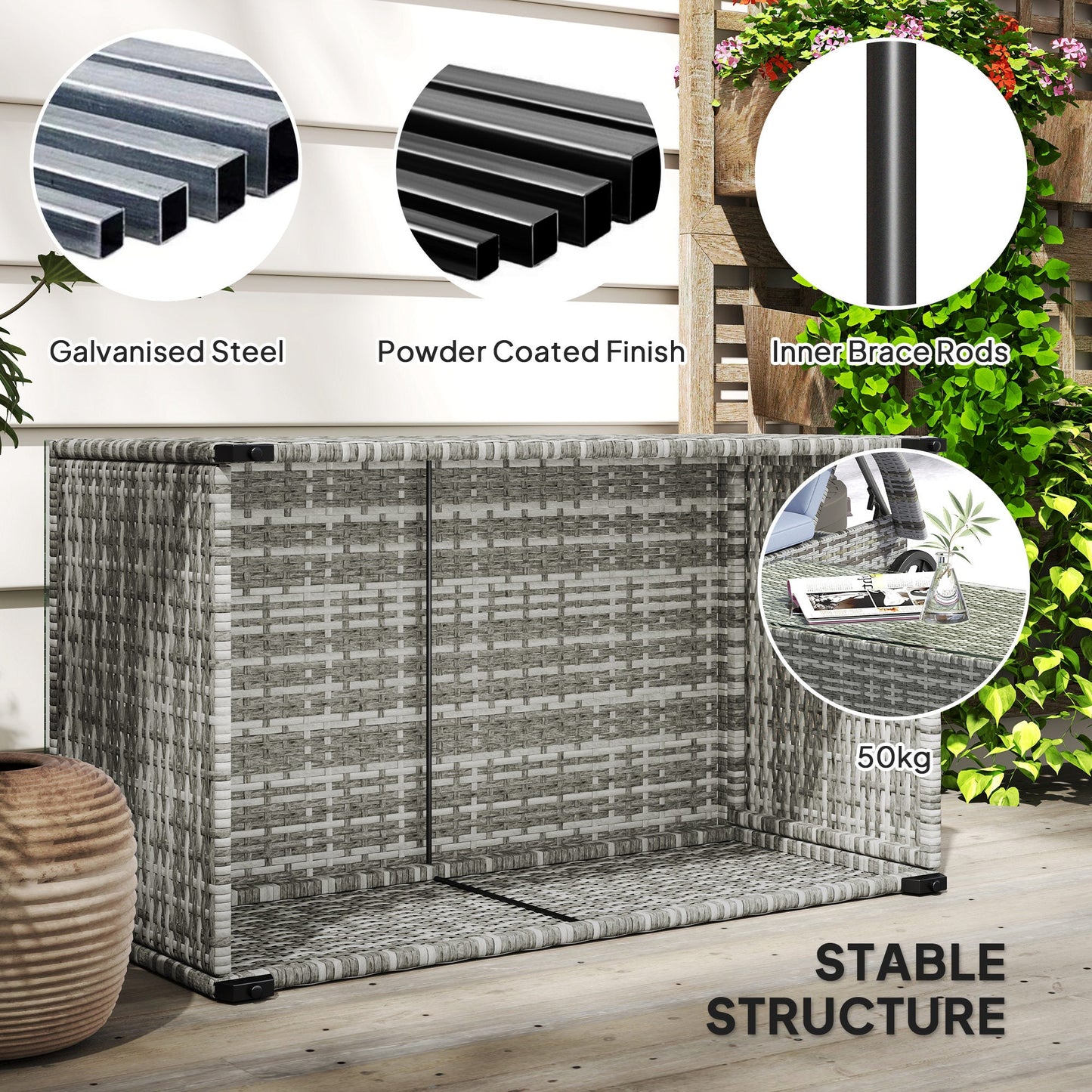 Outdoor Coffee Table, PE Rattan Side Table with Tempered Glass Top, Wicker Rectangular Garden Coffee Table End Table with Steel Frame for Patio, Balcony, 90 x 50 x 38cm, Light Grey