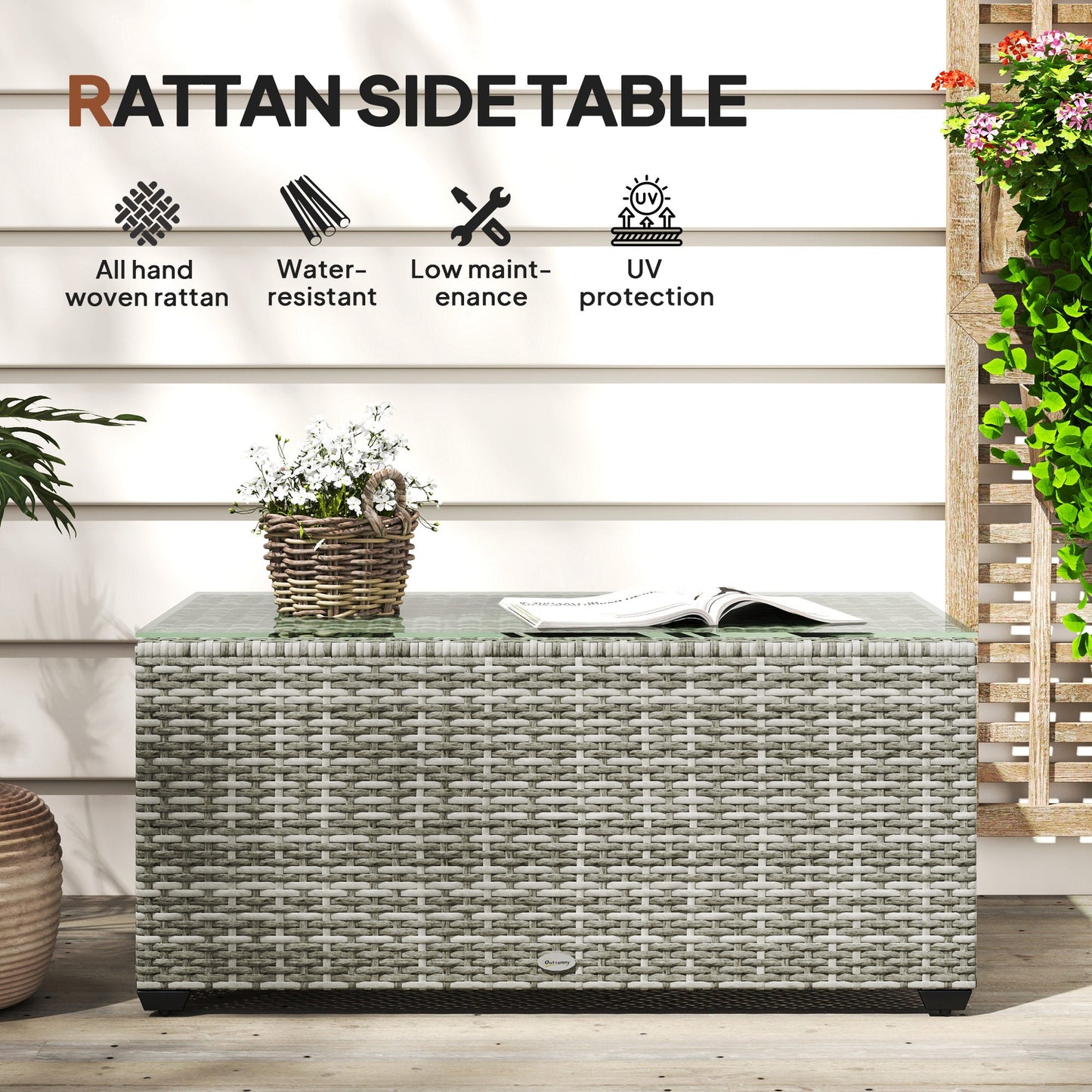 Outdoor Coffee Table, PE Rattan Side Table with Tempered Glass Top, Wicker Rectangular Garden Coffee Table End Table with Steel Frame for Patio, Balcony, 90 x 50 x 38cm, Light Grey