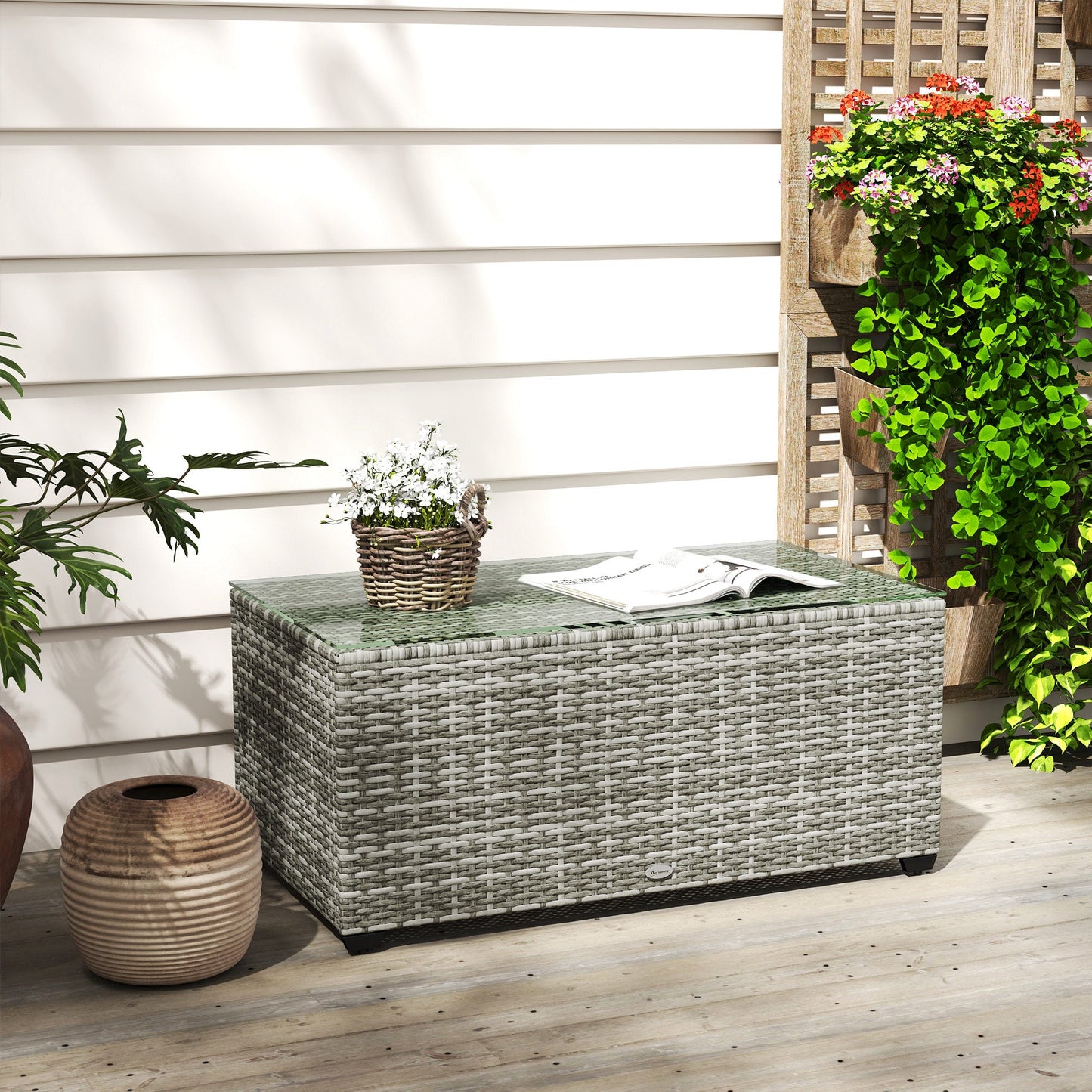 Outdoor Coffee Table, PE Rattan Side Table with Tempered Glass Top, Wicker Rectangular Garden Coffee Table End Table with Steel Frame for Patio, Balcony, 90 x 50 x 38cm, Light Grey