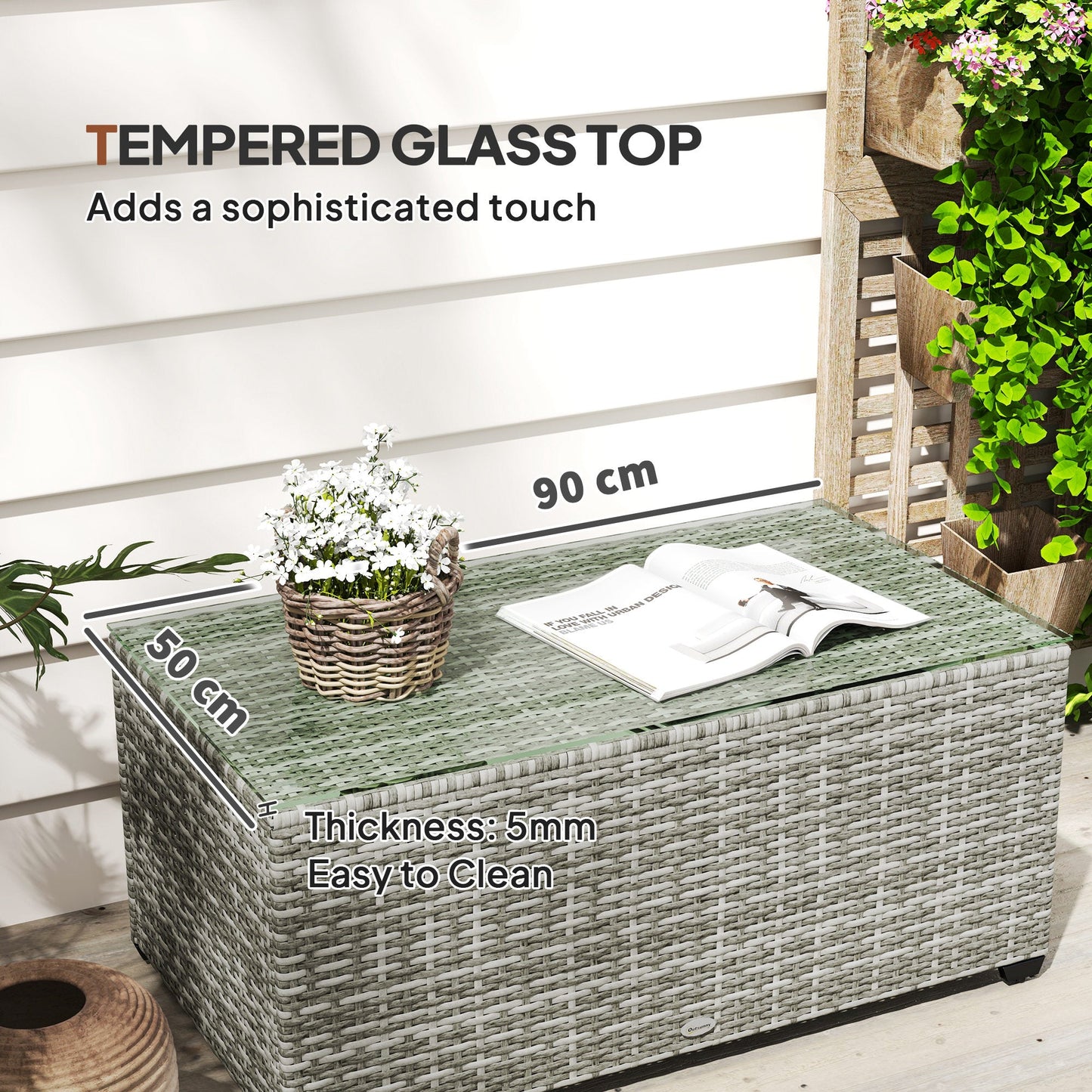 Outdoor Coffee Table, PE Rattan Side Table with Tempered Glass Top, Wicker Rectangular Garden Coffee Table End Table with Steel Frame for Patio, Balcony, 90 x 50 x 38cm, Light Grey