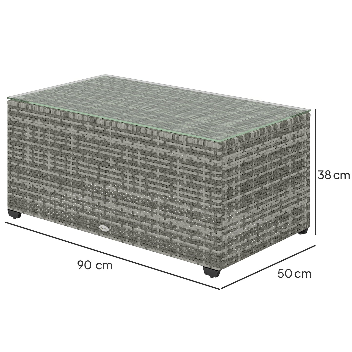 Outdoor Coffee Table, PE Rattan Side Table with Tempered Glass Top, Wicker Rectangular Garden Coffee Table End Table with Steel Frame for Patio, Balcony, 90 x 50 x 38cm, Light Grey