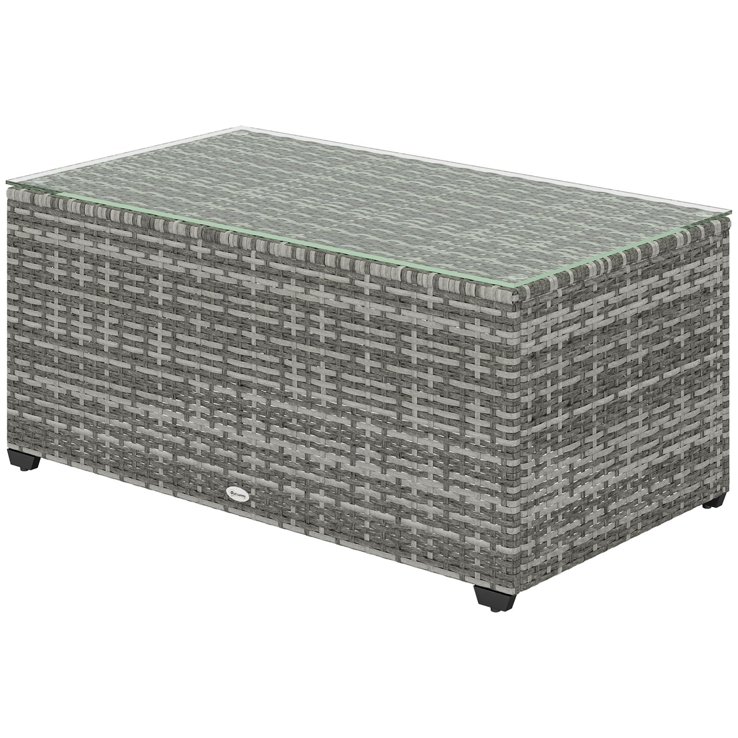 Outdoor Coffee Table, PE Rattan Side Table with Tempered Glass Top, Wicker Rectangular Garden Coffee Table End Table with Steel Frame for Patio, Balcony, 90 x 50 x 38cm, Light Grey