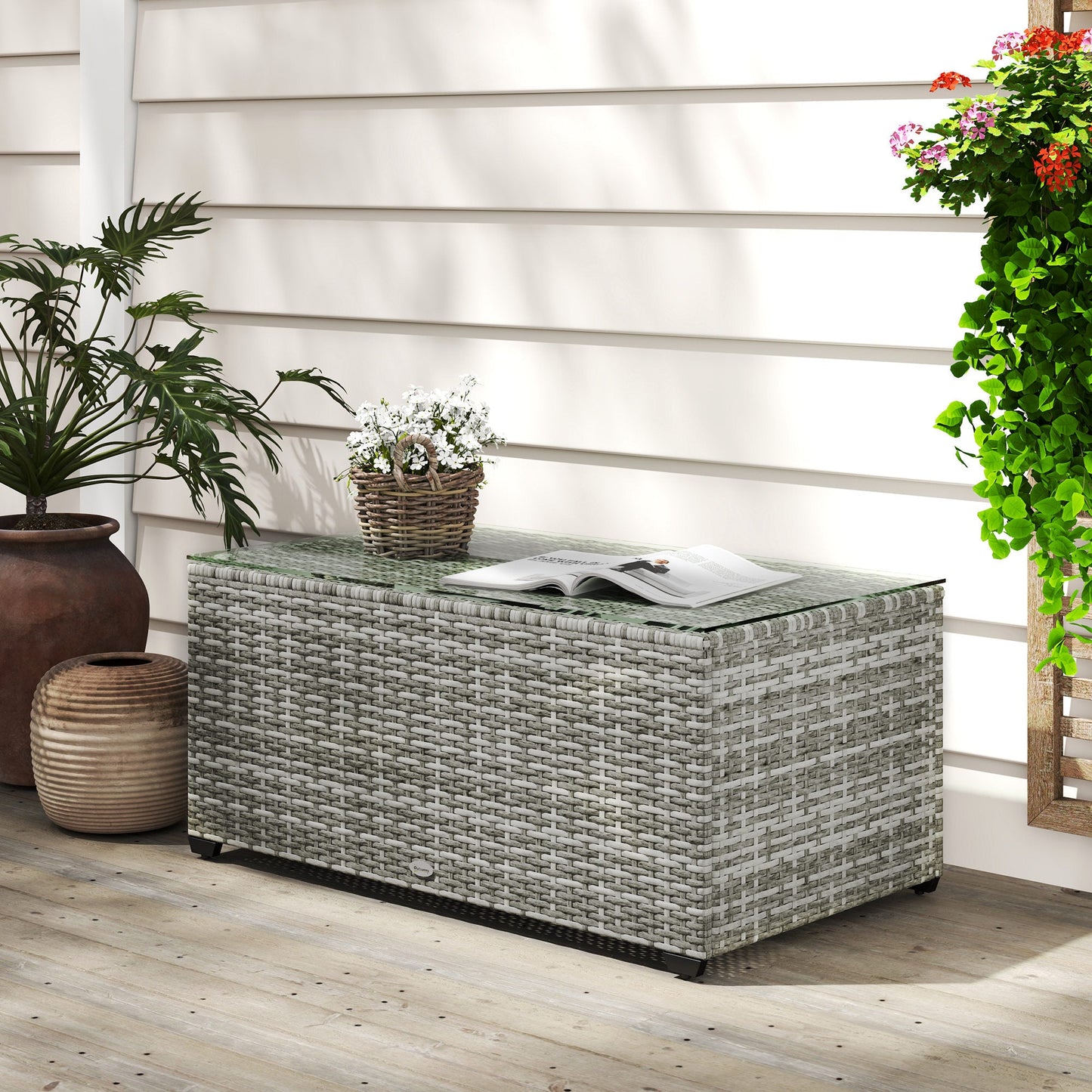 Outdoor Coffee Table, PE Rattan Side Table with Tempered Glass Top, Wicker Rectangular Garden Coffee Table End Table with Steel Frame for Patio, Balcony, 90 x 50 x 38cm, Light Grey