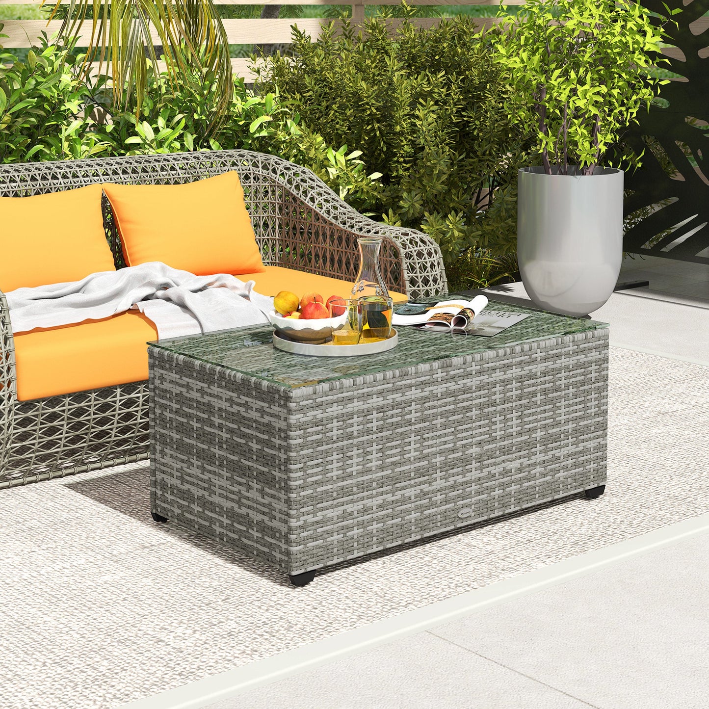Outdoor Coffee Table, PE Rattan Side Table with Tempered Glass Top, Wicker Rectangular Garden Coffee Table End Table with Steel Frame for Patio, Balcony, 90 x 50 x 38cm, Light Grey