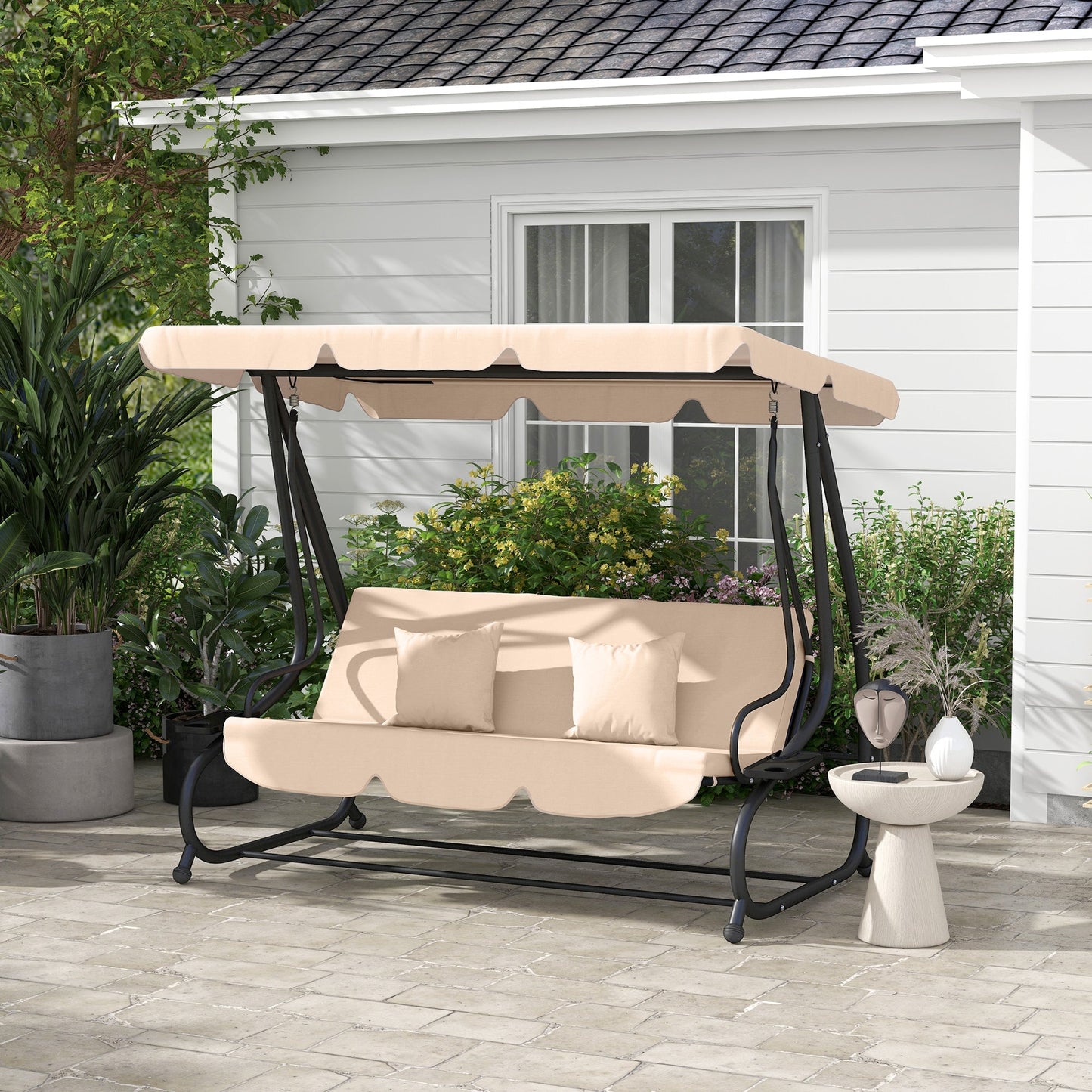 2-in-1 Garden Swing Seat Bed, 3 Seater Convertible Swing Chair Bench with Tilting Canopy, Cushioned Seat and 2 Pillows for Patio, Garden, Light Brown