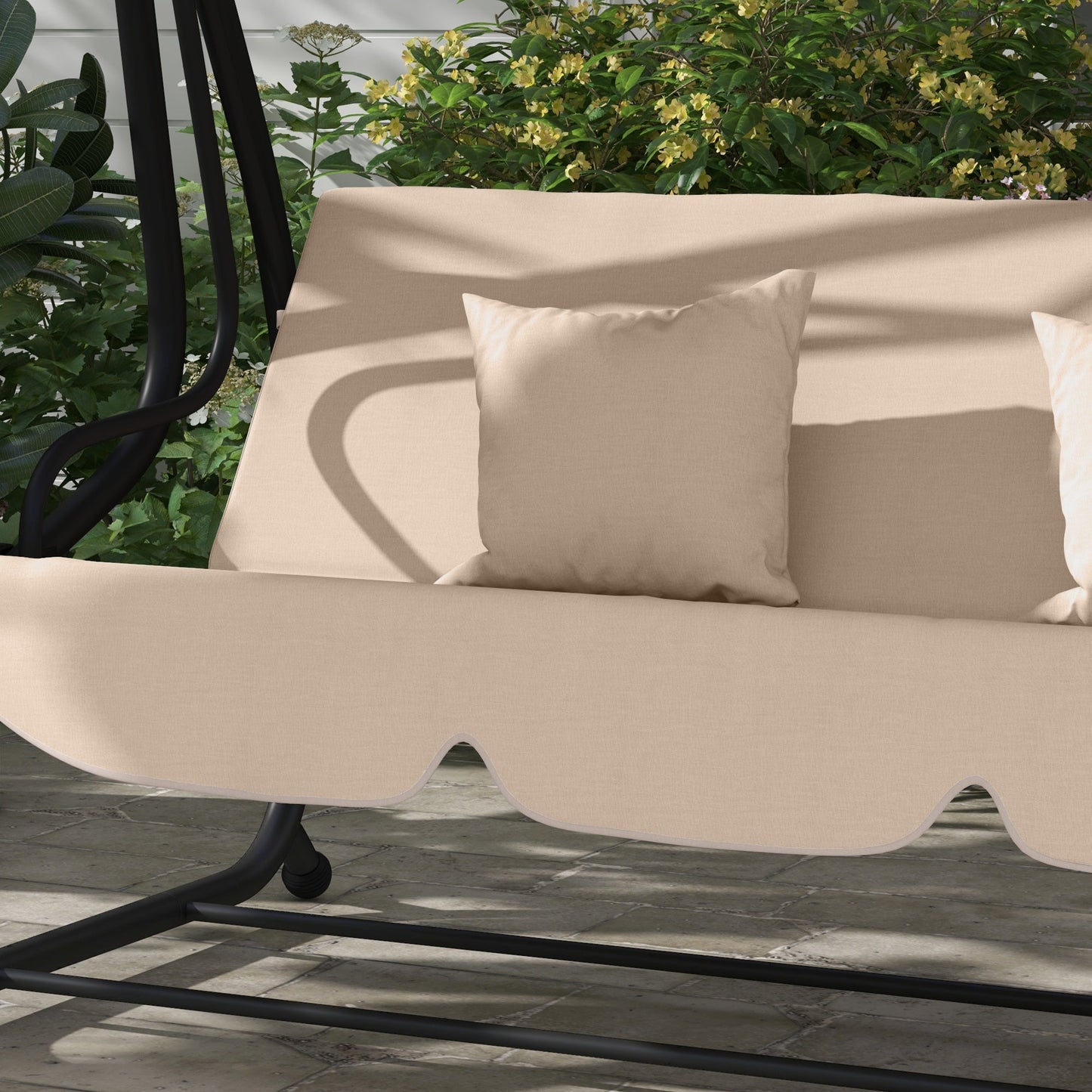 2-in-1 Garden Swing Seat Bed, 3 Seater Convertible Swing Chair Bench with Tilting Canopy, Cushioned Seat and 2 Pillows for Patio, Garden, Light Brown