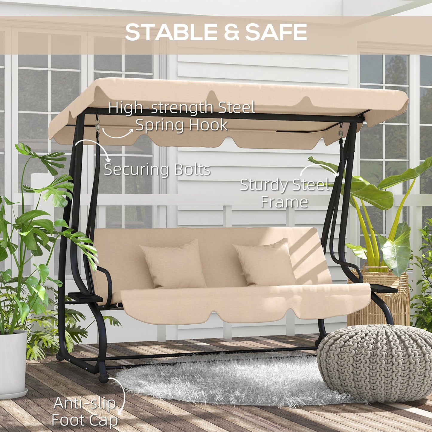 2-in-1 Garden Swing Seat Bed, 3 Seater Convertible Swing Chair Bench with Tilting Canopy, Cushioned Seat and 2 Pillows for Patio, Garden, Light Brown