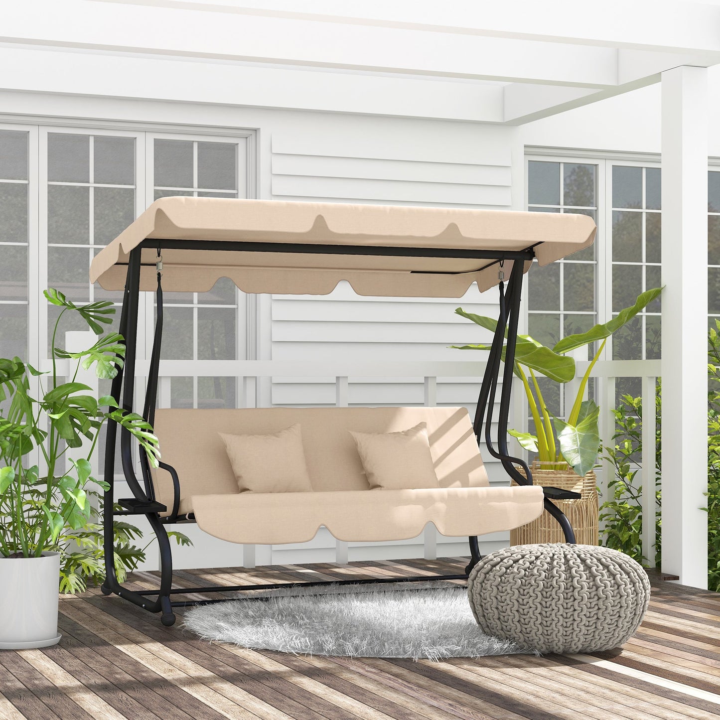 2-in-1 Garden Swing Seat Bed, 3 Seater Convertible Swing Chair Bench with Tilting Canopy, Cushioned Seat and 2 Pillows for Patio, Garden, Light Brown