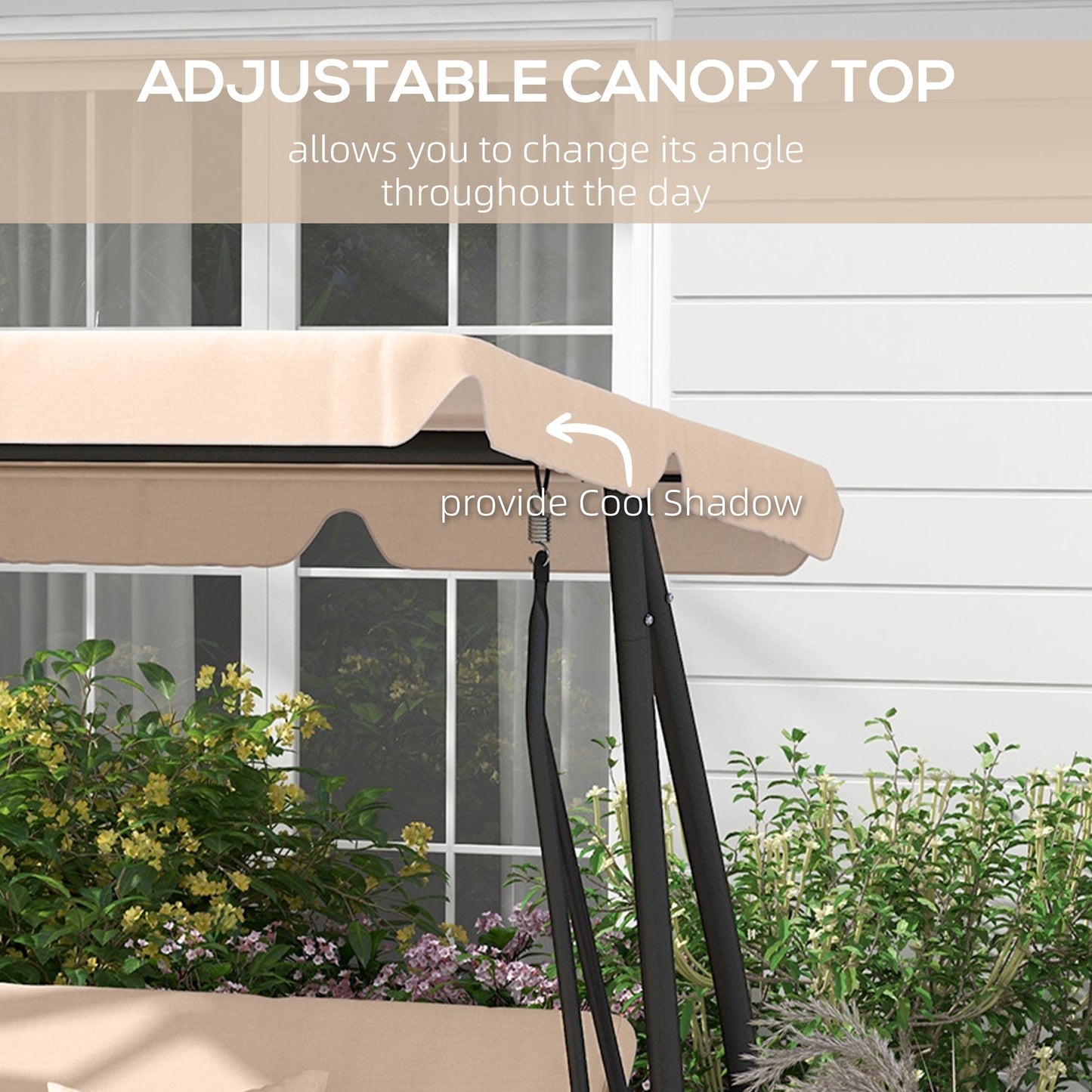 2-in-1 Garden Swing Seat Bed, 3 Seater Convertible Swing Chair Bench with Tilting Canopy, Cushioned Seat and 2 Pillows for Patio, Garden, Light Brown