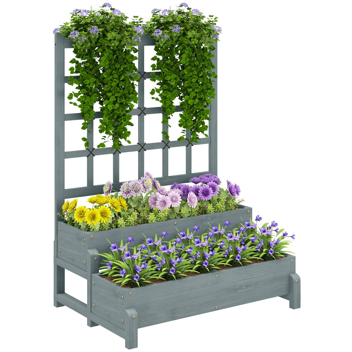 2-Tier Raised Garden Bed with Trellis, Wooden Elevated Planter Box with Drainage Holes, Outdoor Raised Planter for Climbing Plants, Fruits, Vegetables, Flowers, Grey